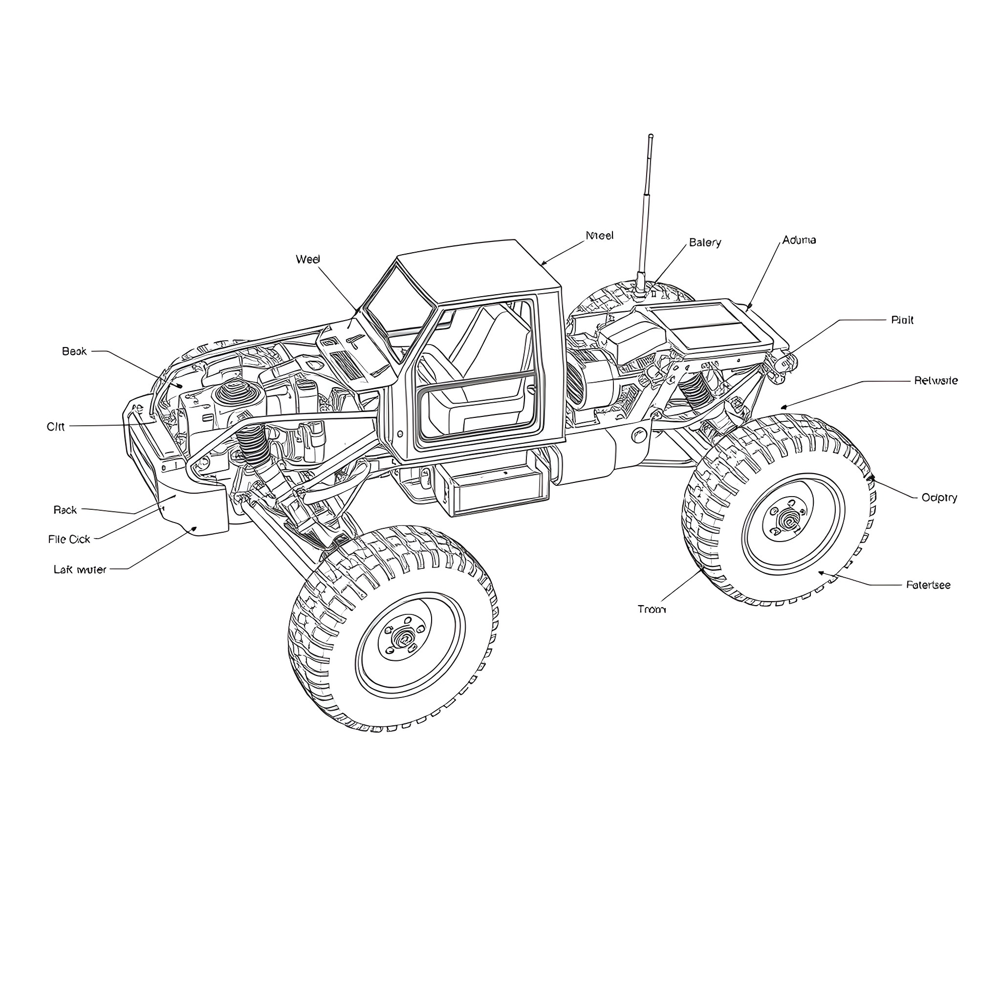 Truck with detailed mechanical parts Coloring Page (free black-and-white line drawing printable PDF for all, from beginners to advanced learners, including children, teens, adults, and seniors)