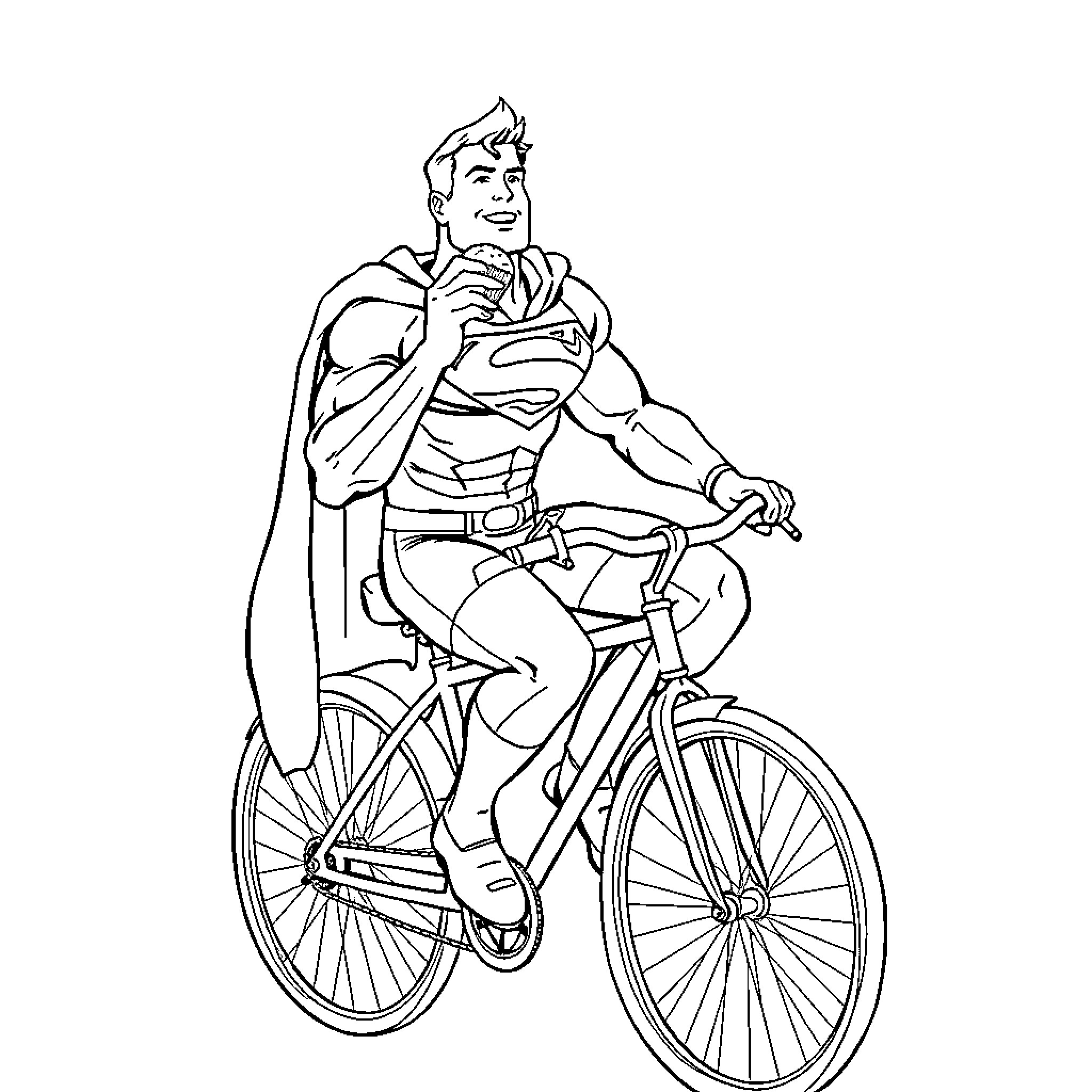 Superman riding a bicycle in action Coloring Page (free black-and-white line drawing printable PDF for all, from beginners to advanced learners, including children, teens, adults, and seniors)