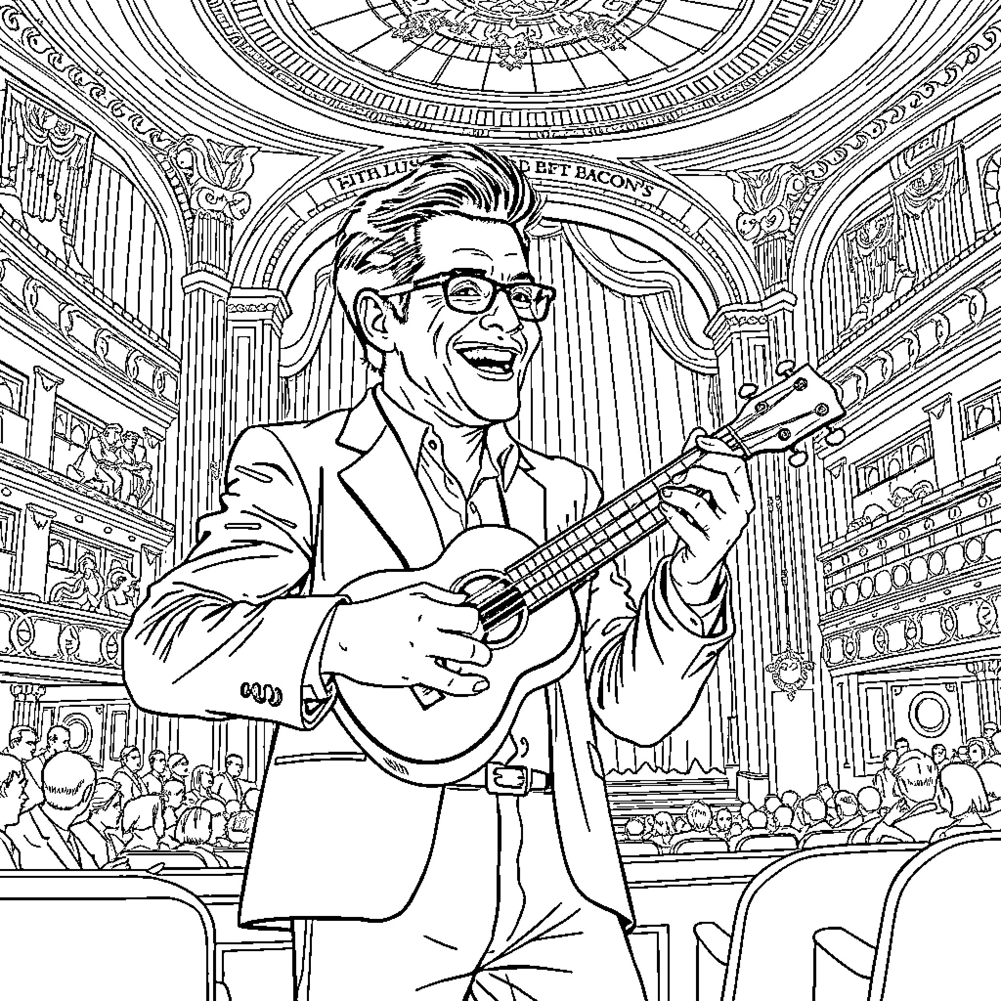 Jim Carrey performing on stage with a guitar Coloring Page (free black-and-white line drawing printable PDF for all, from beginners to advanced learners, including children, teens, adults, and seniors)
