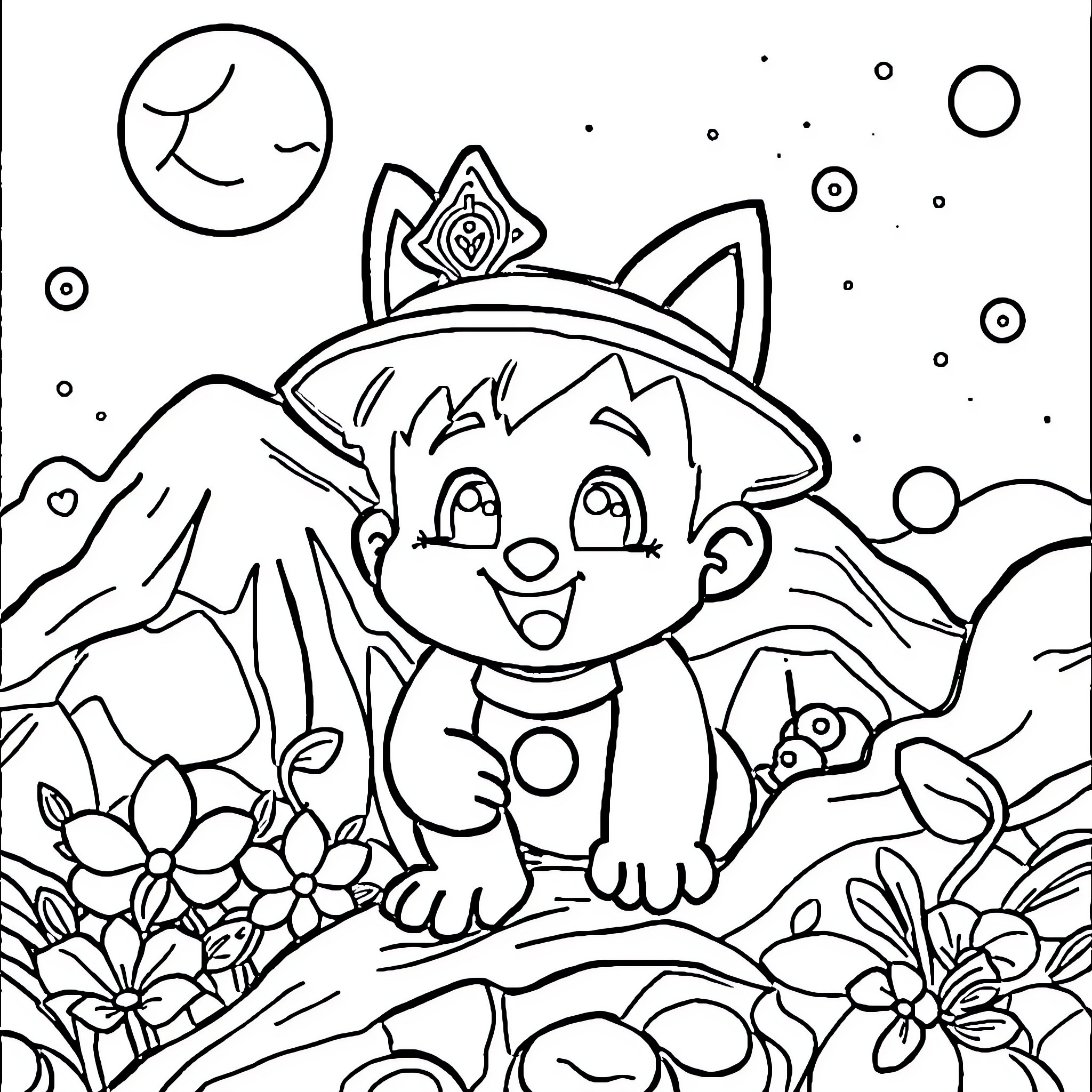 Bos Imin's Whimsical Adventure in the Enchanted Landscape Coloring Page (free black-and-white line drawing printable PDF for all, from beginners to advanced learners, including children, teens, adults, and seniors)