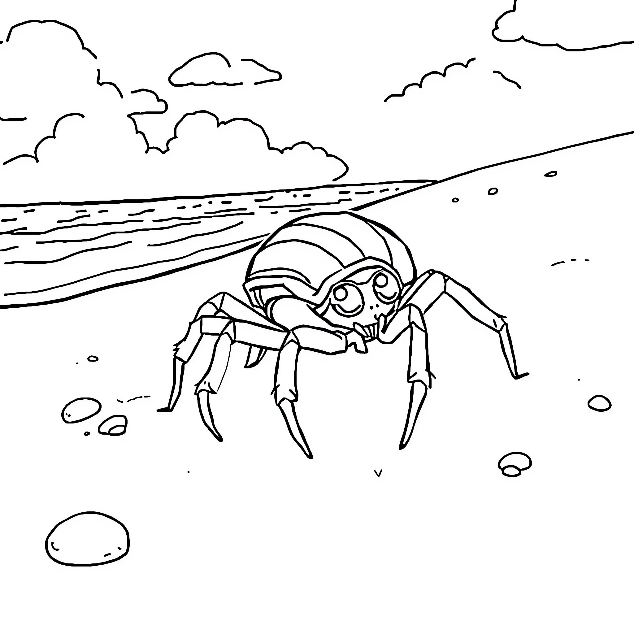 Spider scurrying along the beach Coloring Page (free black-and-white line drawing printable PDF for all, from beginners to advanced learners, including children, teens, adults, and seniors)