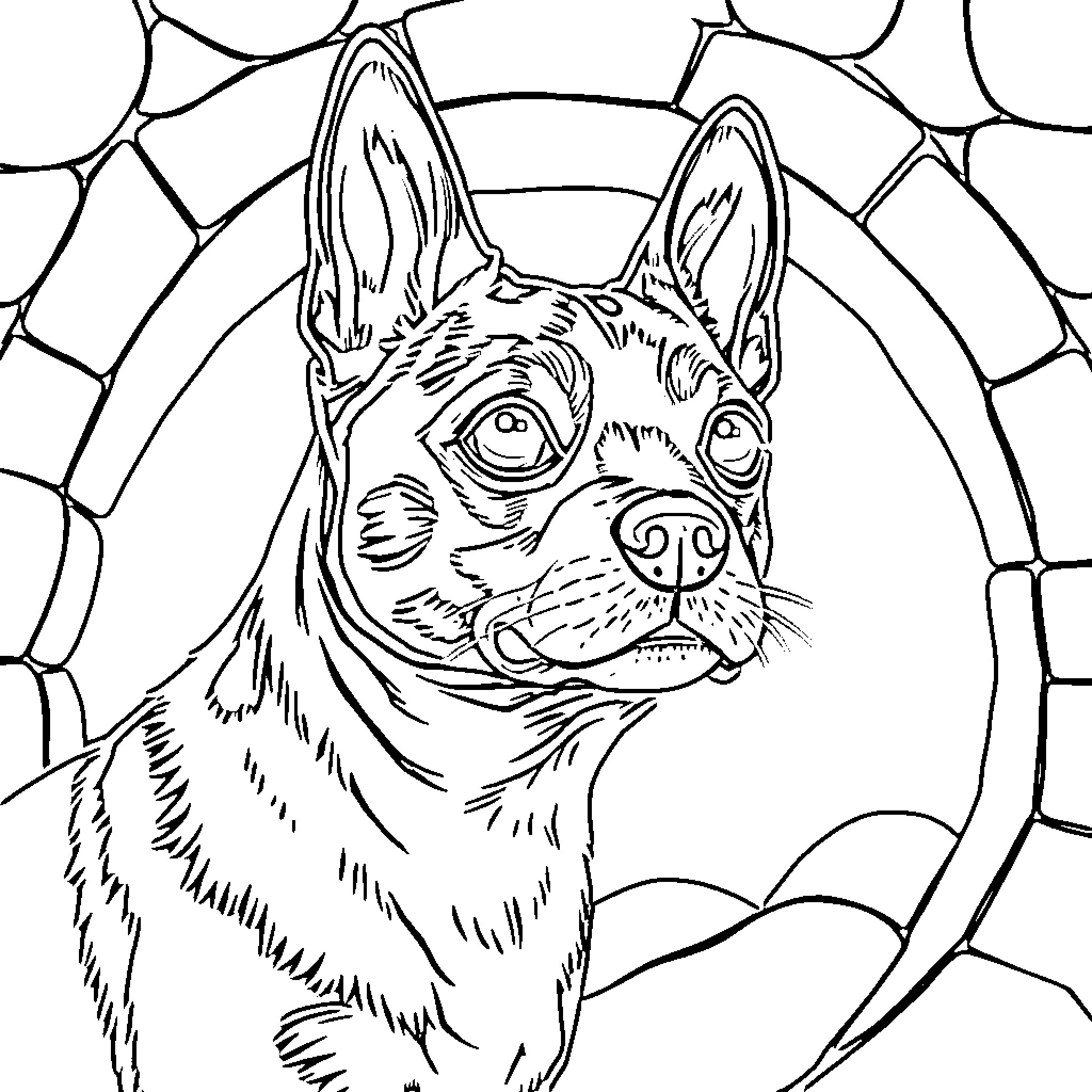 Perro peering through a cracked window Coloring Page (free black-and-white line drawing printable PDF for all, from beginners to advanced learners, including children, teens, adults, and seniors)