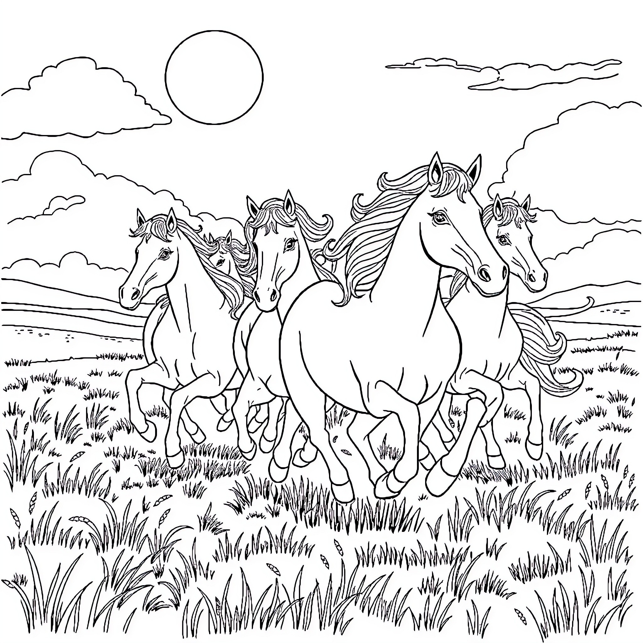 Unicorn herd galloping through lush meadow under the sun Coloring Page (free black-and-white line drawing printable PDF for all, from beginners to advanced learners, including children, teens, adults, and seniors)