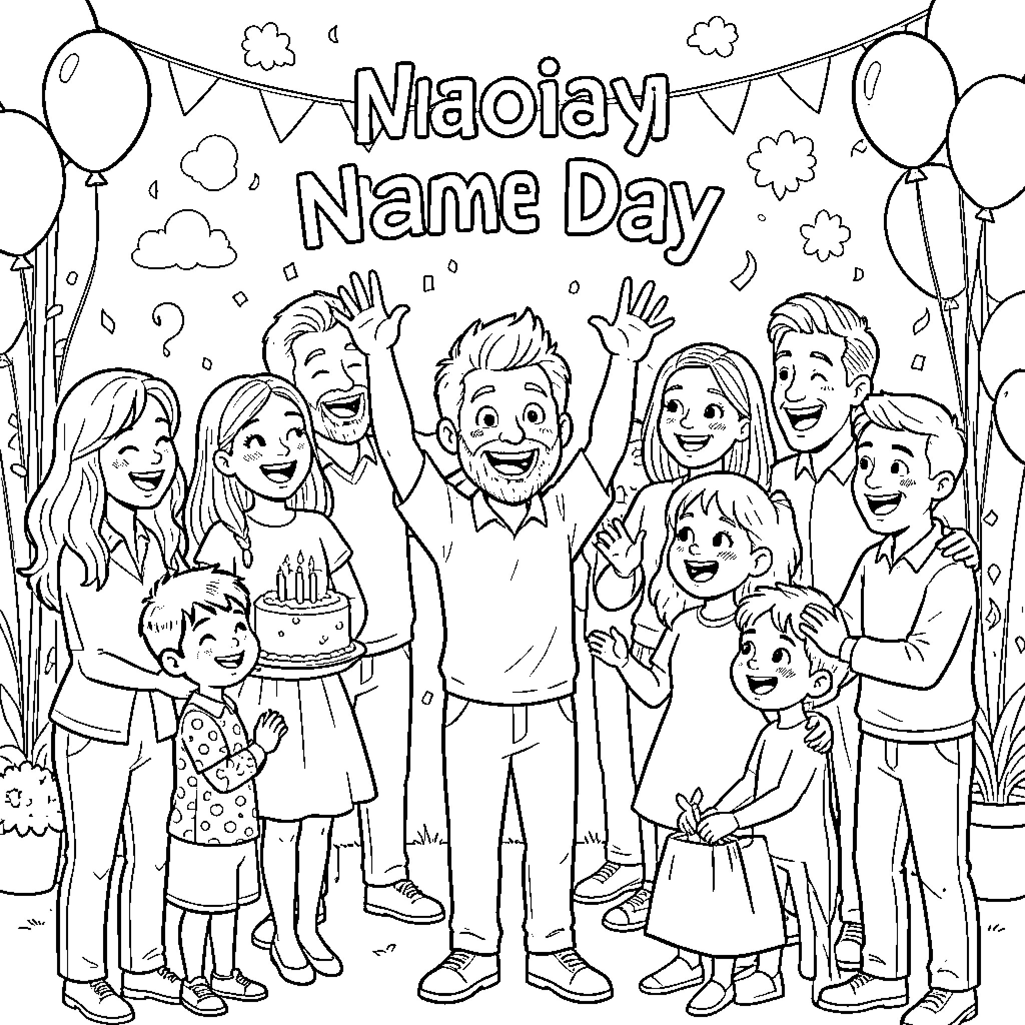 Name Day Celebration with Happy Families Coloring Page (free black-and-white line drawing printable PDF for all, from beginners to advanced learners, including children, teens, adults, and seniors)