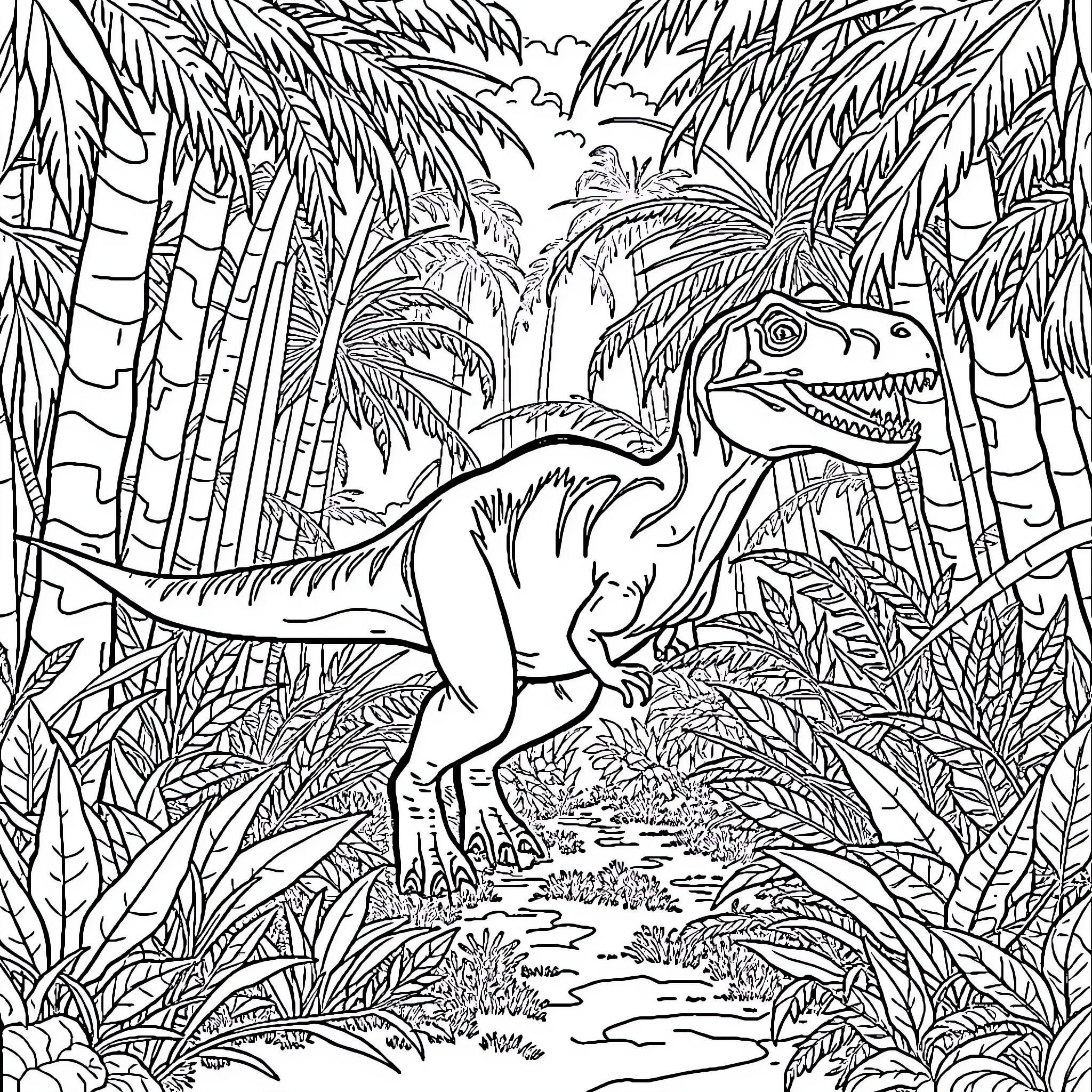 Velociraptor roaming through the prehistoric jungle Coloring Page (free black-and-white line drawing printable PDF for all, from beginners to advanced learners, including children, teens, adults, and seniors)