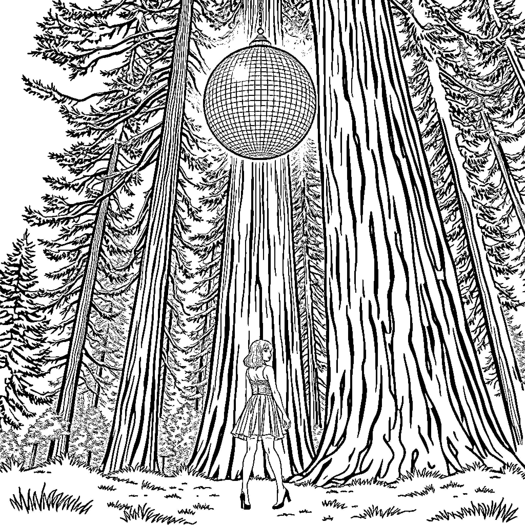 Taylor Swift amid nature, surrounded by disco ball and trees Coloring Page (free black-and-white line drawing printable PDF for all, from beginners to advanced learners, including children, teens, adults, and seniors)