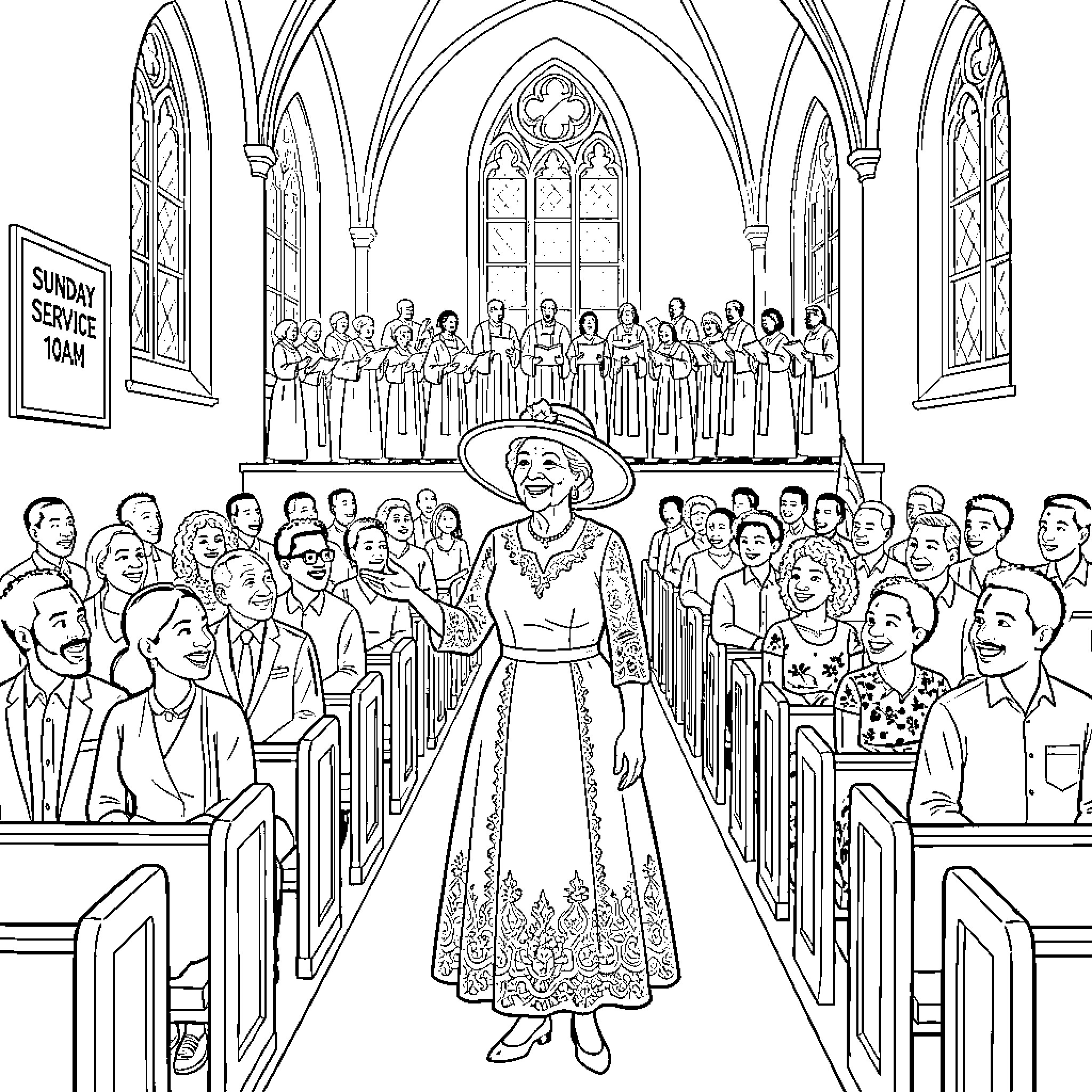 Woman in elegant dress walking through a church aisle Coloring Page (free black-and-white line drawing printable PDF for all, from beginners to advanced learners, including children, teens, adults, and seniors)