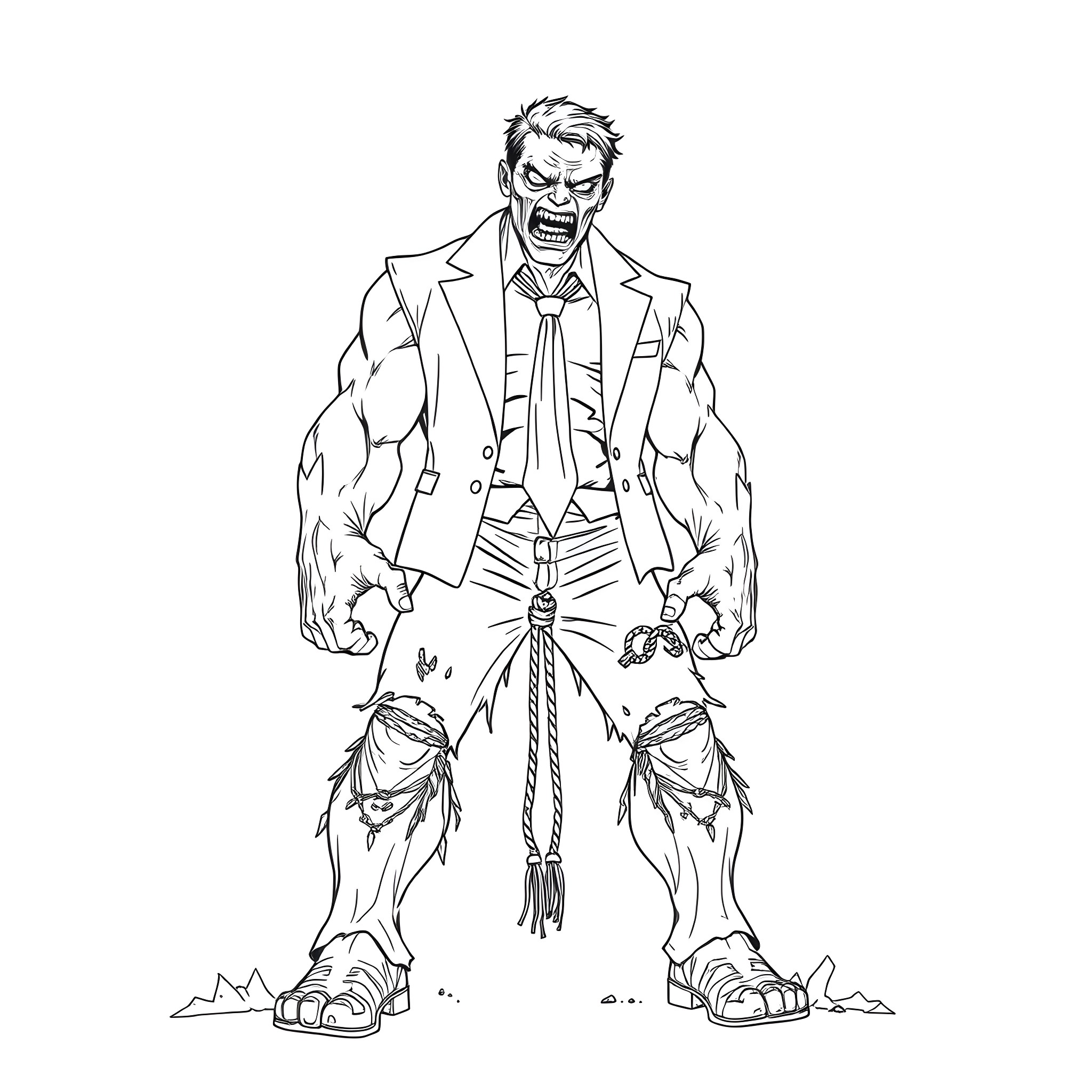 Zombie businessman in tattered suit and enraged expression Coloring Page (free black-and-white line drawing printable PDF for all, from beginners to advanced learners, including children, teens, adults, and seniors)