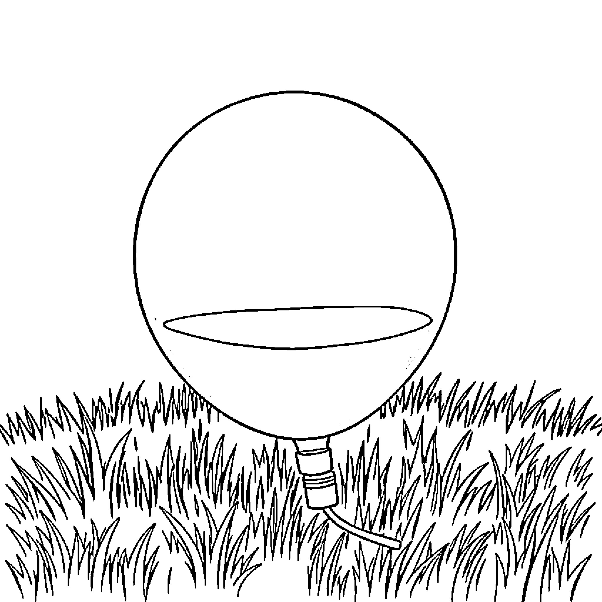 Water Balloon Floating in Grassy Field Coloring Page (free black-and-white line drawing printable PDF for all, from beginners to advanced learners, including children, teens, adults, and seniors)