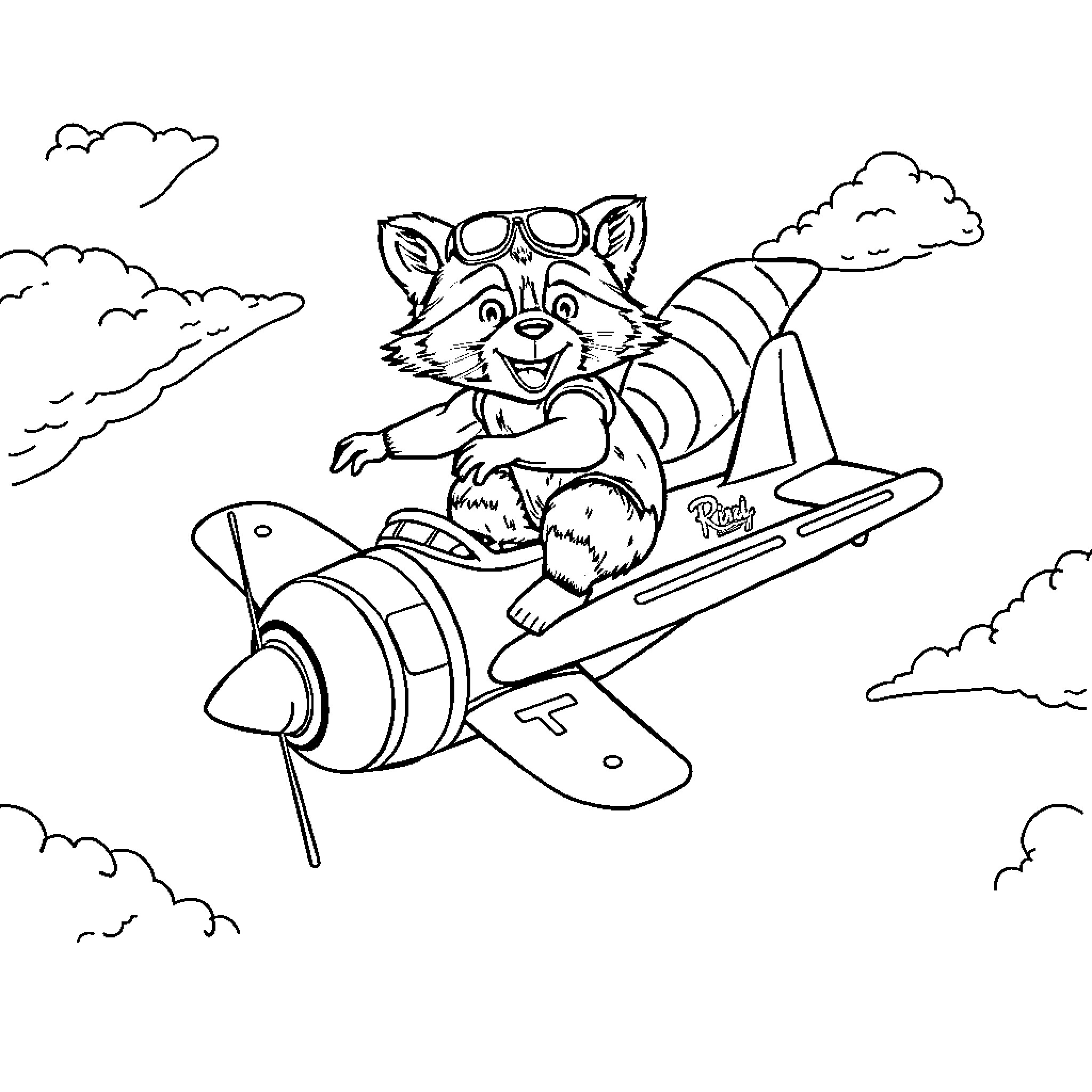 Raccoon piloting a colorful airplane in the sky Coloring Page (free black-and-white line drawing printable PDF for all, from beginners to advanced learners, including children, teens, adults, and seniors)
