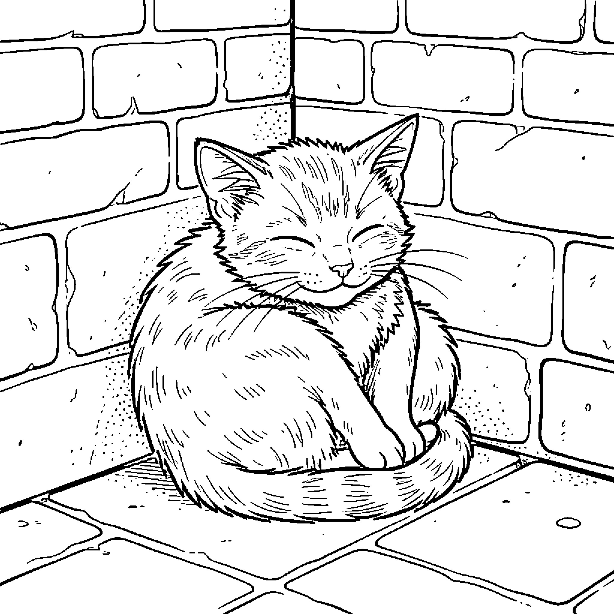 Gato resting peacefully in a corner Coloring Page (free black-and-white line drawing printable PDF for all, from beginners to advanced learners, including children, teens, adults, and seniors)
