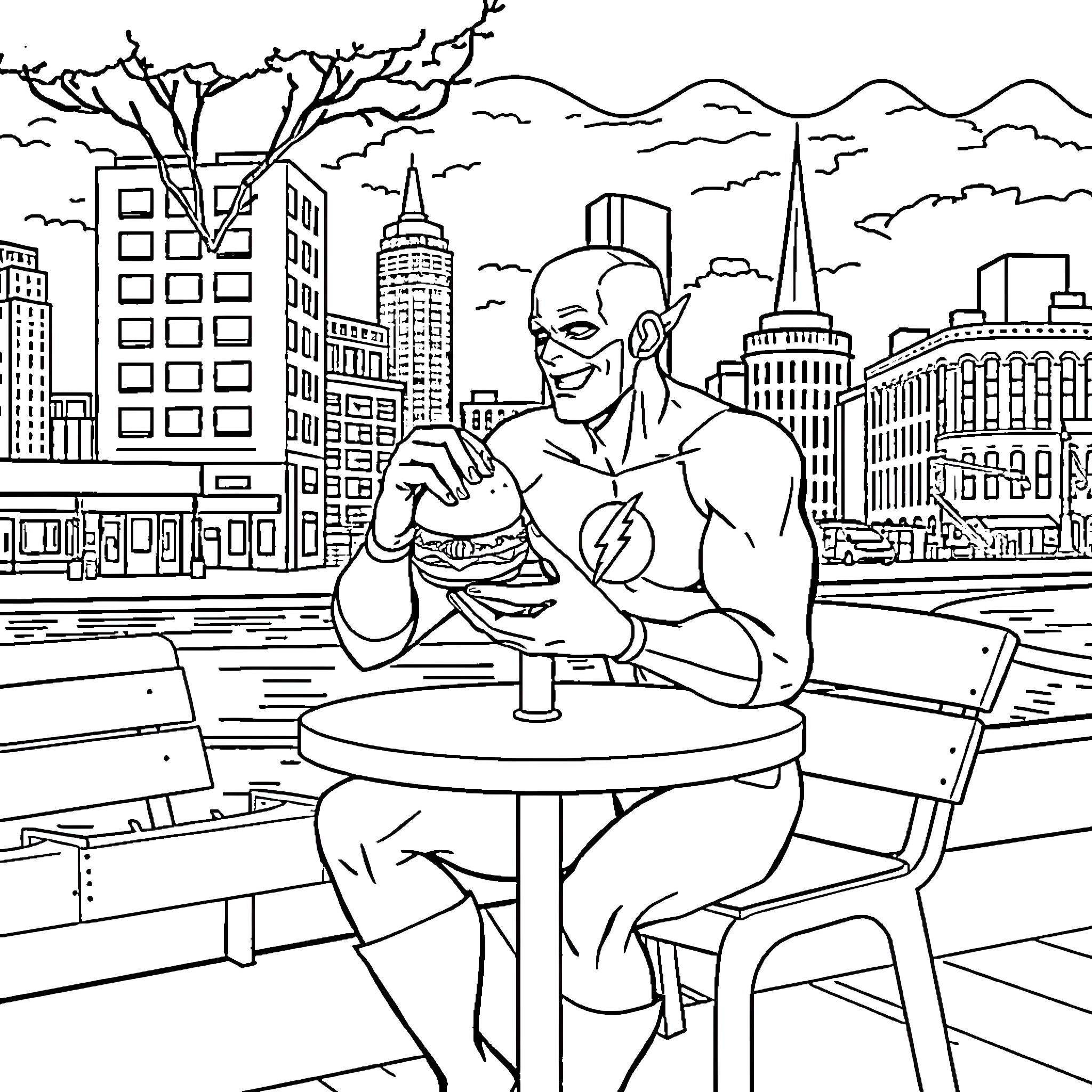 Flash enjoys coffee break in the city Coloring Page (free black-and-white line drawing printable PDF for all, from beginners to advanced learners, including children, teens, adults, and seniors)