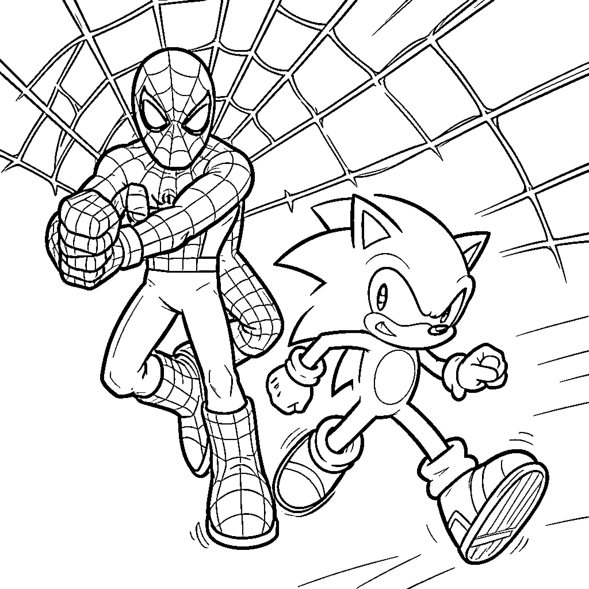 Spiderman and Sonic running together through a web Coloring Page (free black-and-white line drawing printable PDF for all, from beginners to advanced learners, including children, teens, adults, and seniors)