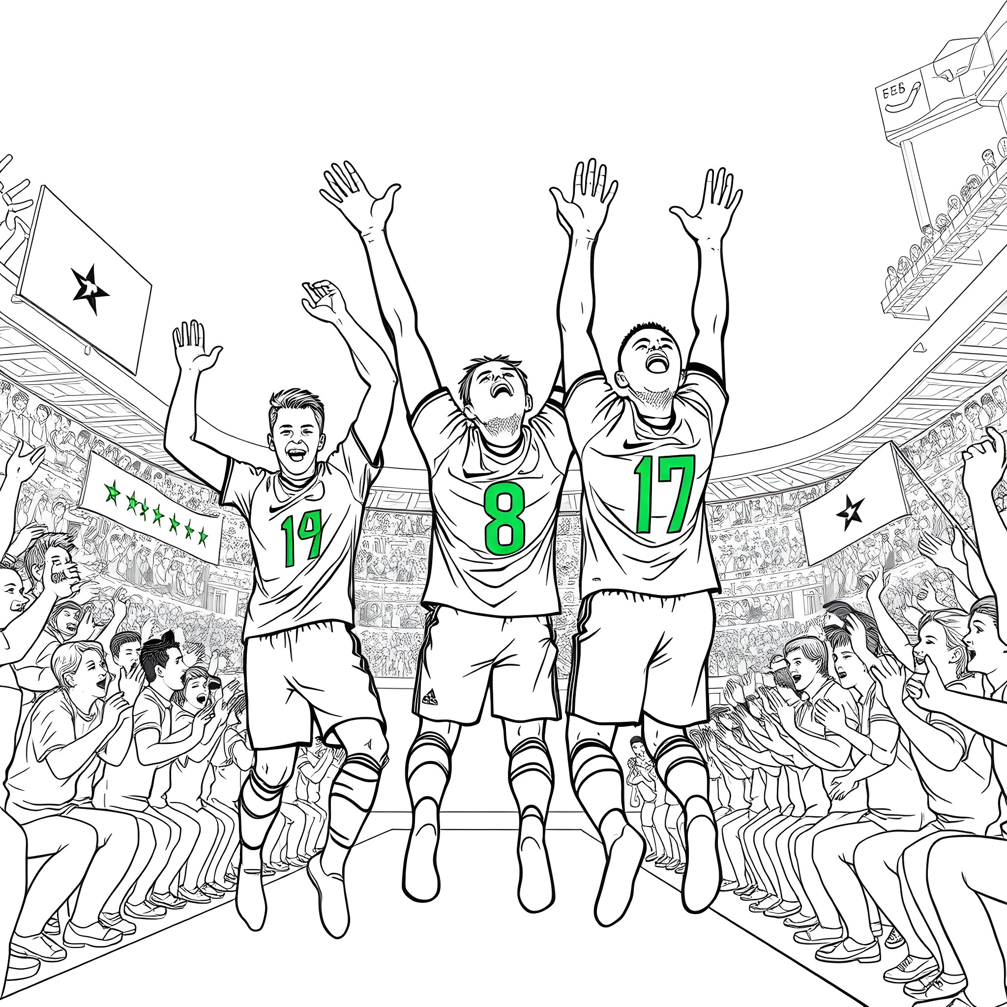 Player celebrating victory with team on the court Coloring Page (free black-and-white line drawing printable PDF for all, from beginners to advanced learners, including children, teens, adults, and seniors)