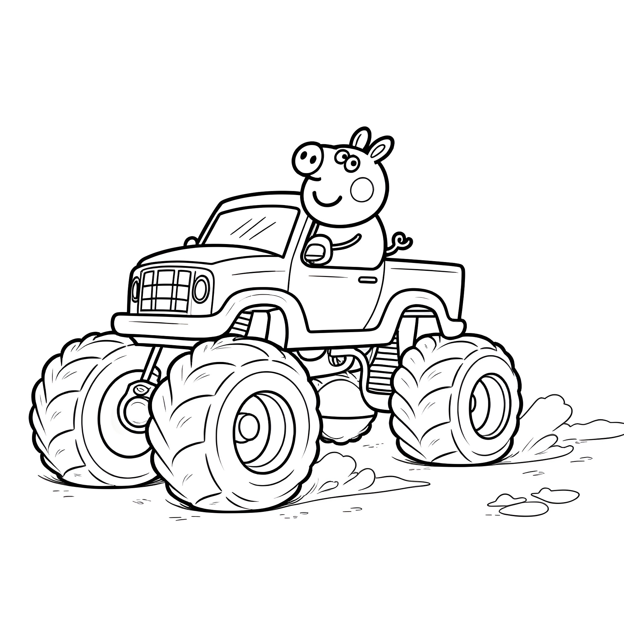 George Pig driving a monster truck through the mud Coloring Page (free black-and-white line drawing printable PDF for all, from beginners to advanced learners, including children, teens, adults, and seniors)