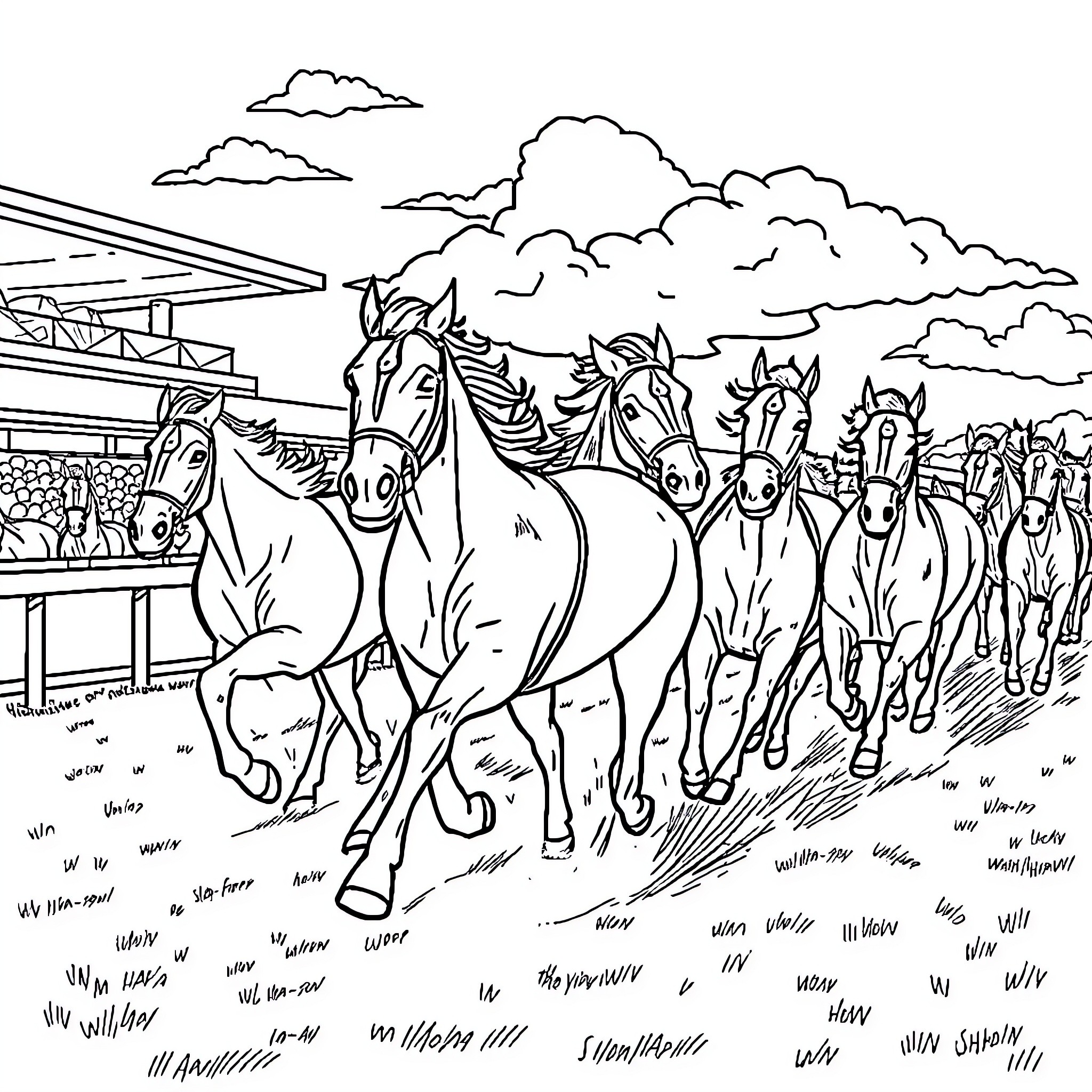 Horse herd galloping through open field Coloring Page (free black-and-white line drawing printable PDF for all, from beginners to advanced learners, including children, teens, adults, and seniors)