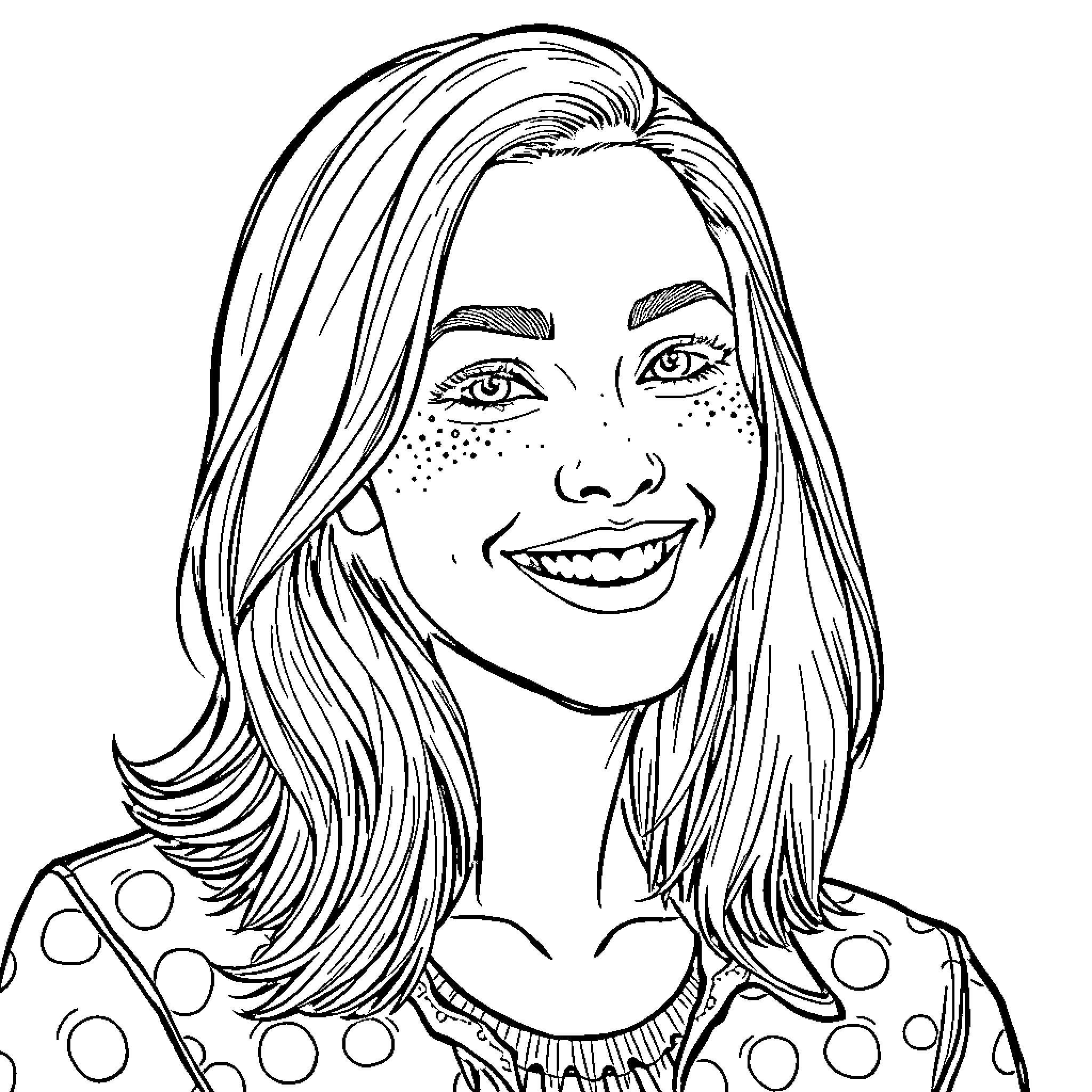 Woman with Cheerful Expression and Dotted Outfit Coloring Page (free black-and-white line drawing printable PDF for all, from beginners to advanced learners, including children, teens, adults, and seniors)