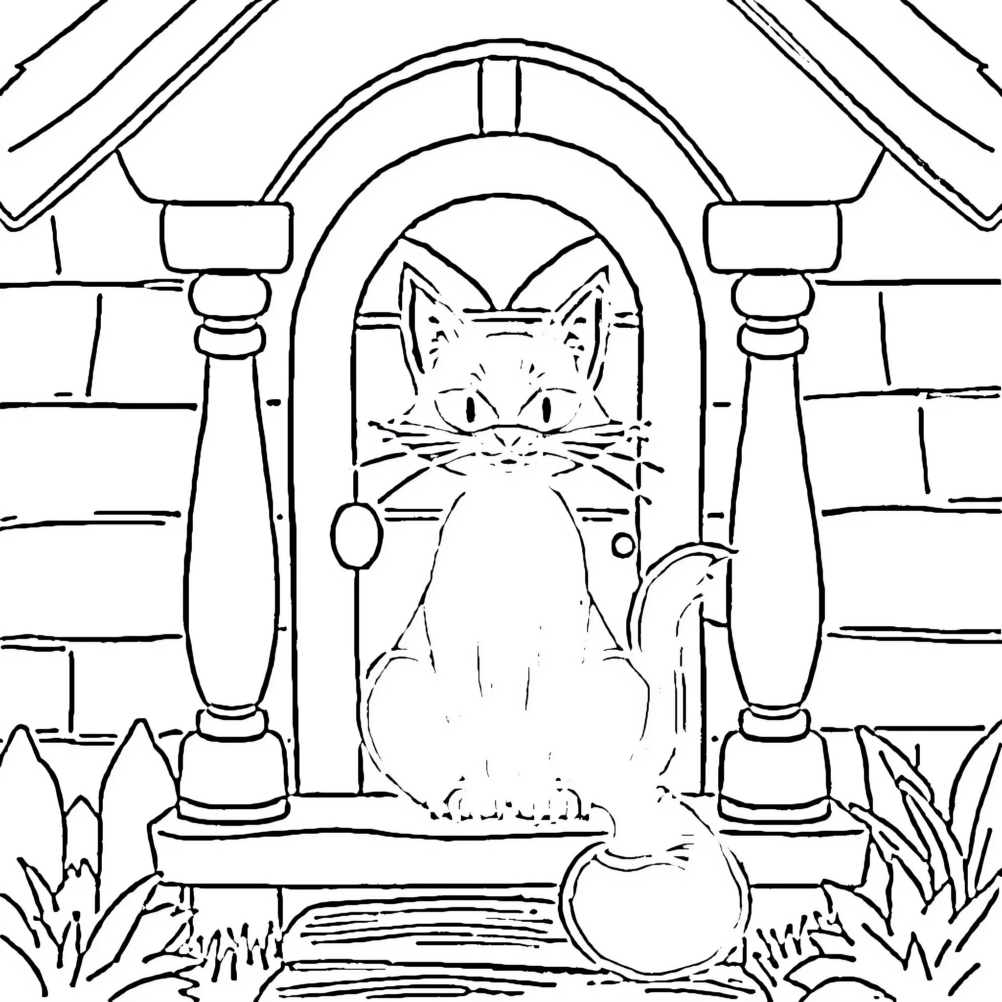 Fox sitting in a cozy cottage doorway Coloring Page (free black-and-white line drawing printable PDF for all, from beginners to advanced learners, including children, teens, adults, and seniors)