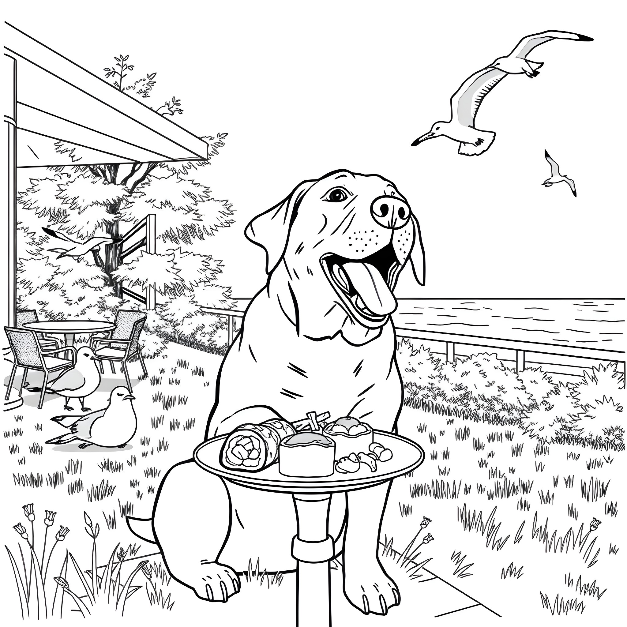Labrador enjoying an outdoor picnic with seagulls Coloring Page (free black-and-white line drawing printable PDF for all, from beginners to advanced learners, including children, teens, adults, and seniors)