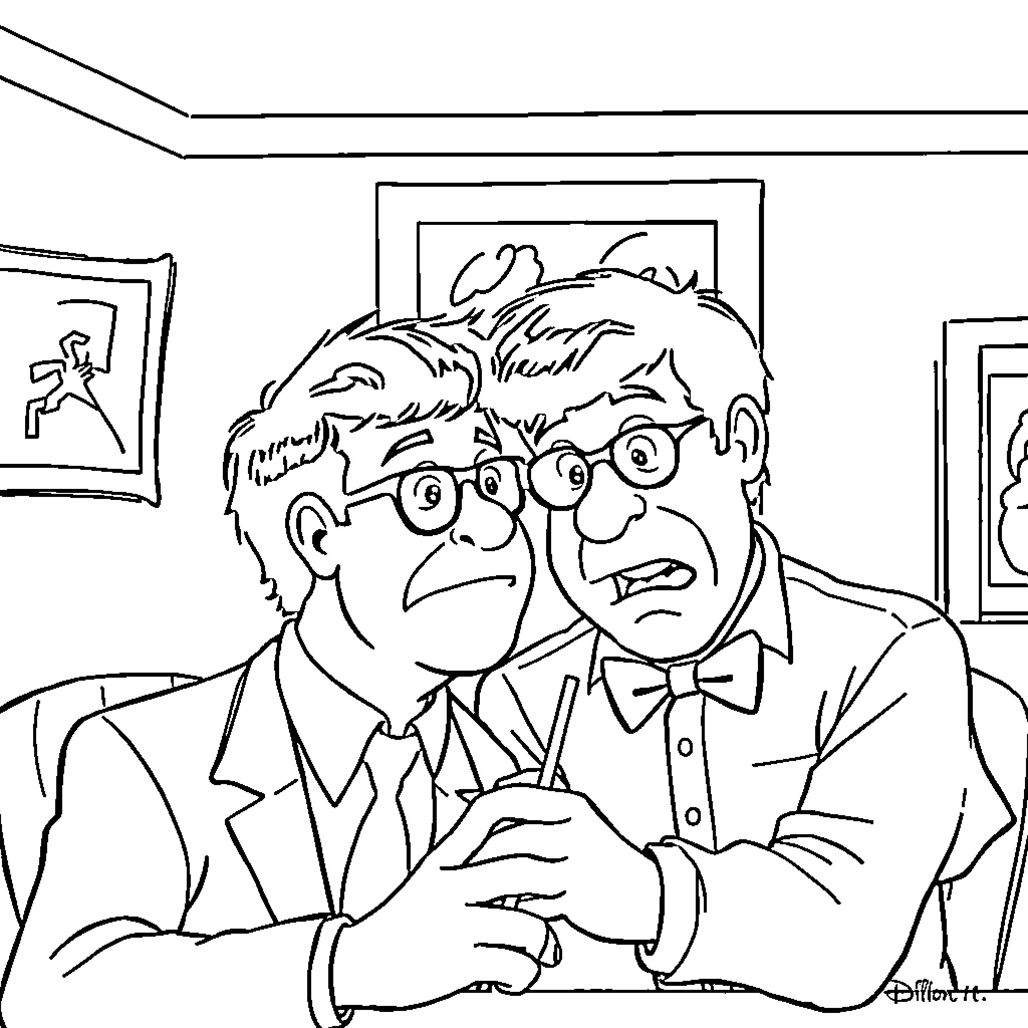 Dumb and Dumber: Two Goofy Gentlemen in Suit and Tie Coloring Page (free black-and-white line drawing printable PDF for all, from beginners to advanced learners, including children, teens, adults, and seniors)