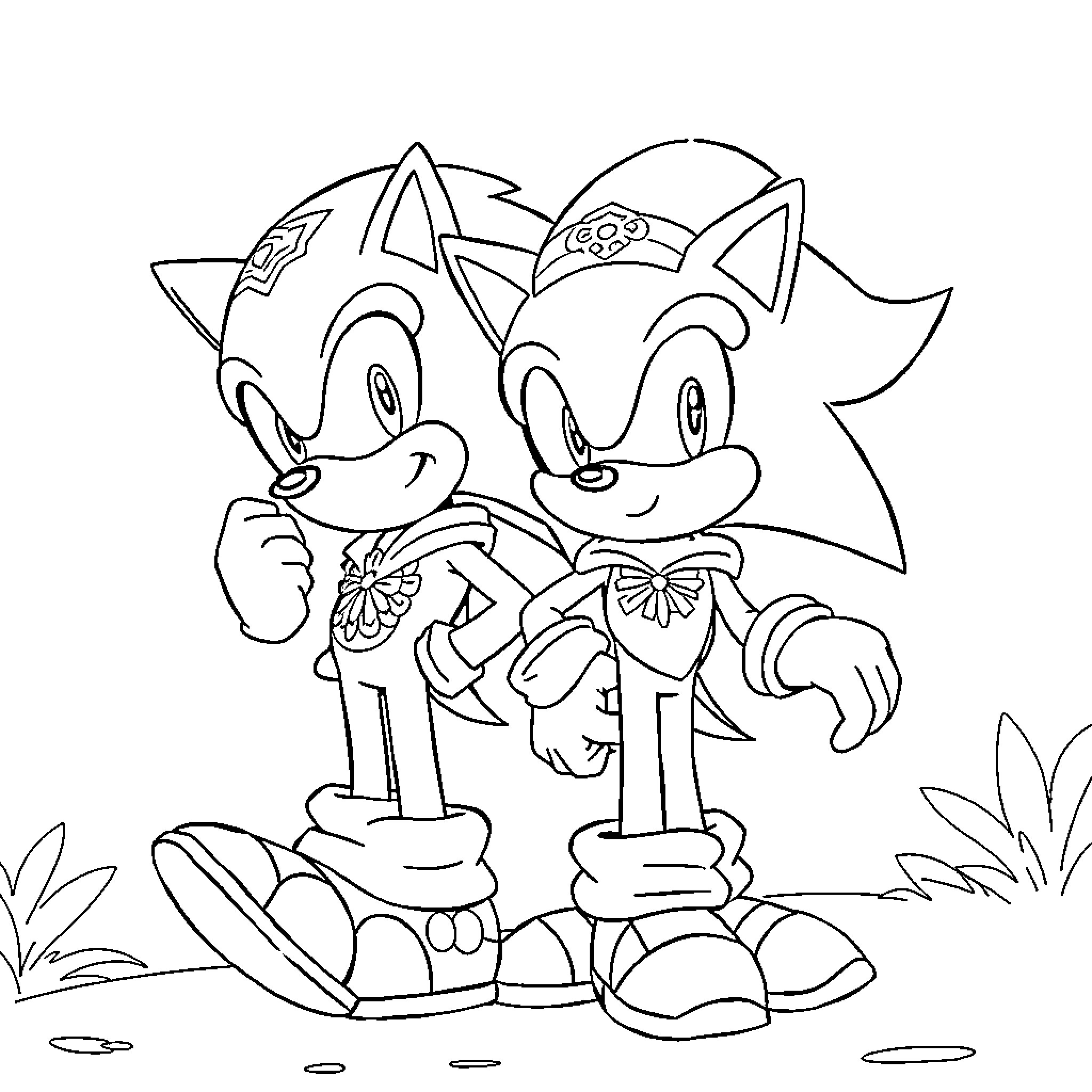 Sonic Characters in Playful Poses Coloring Page (free black-and-white line drawing printable PDF for all, from beginners to advanced learners, including children, teens, adults, and seniors)
