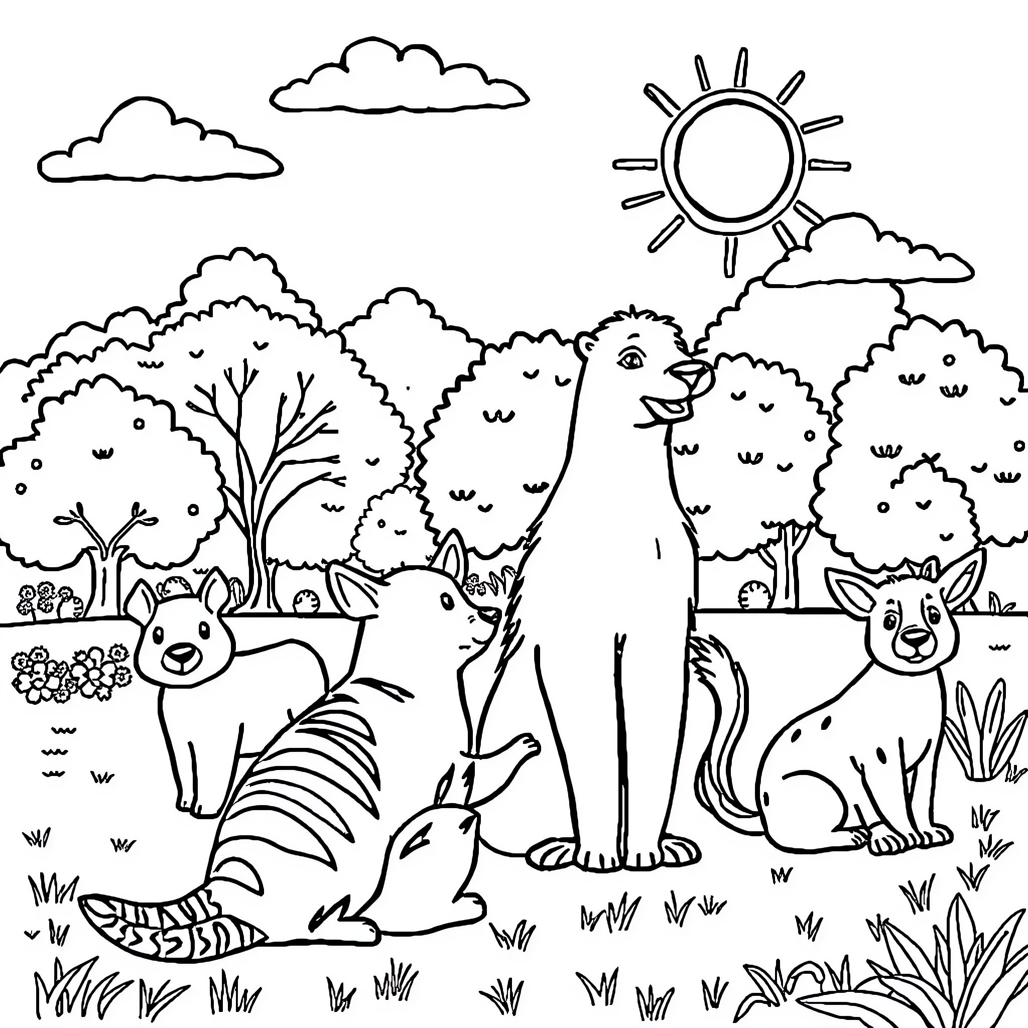Animal friends playing in the sunny forest Coloring Page (free black-and-white line drawing printable PDF for all, from beginners to advanced learners, including children, teens, adults, and seniors)