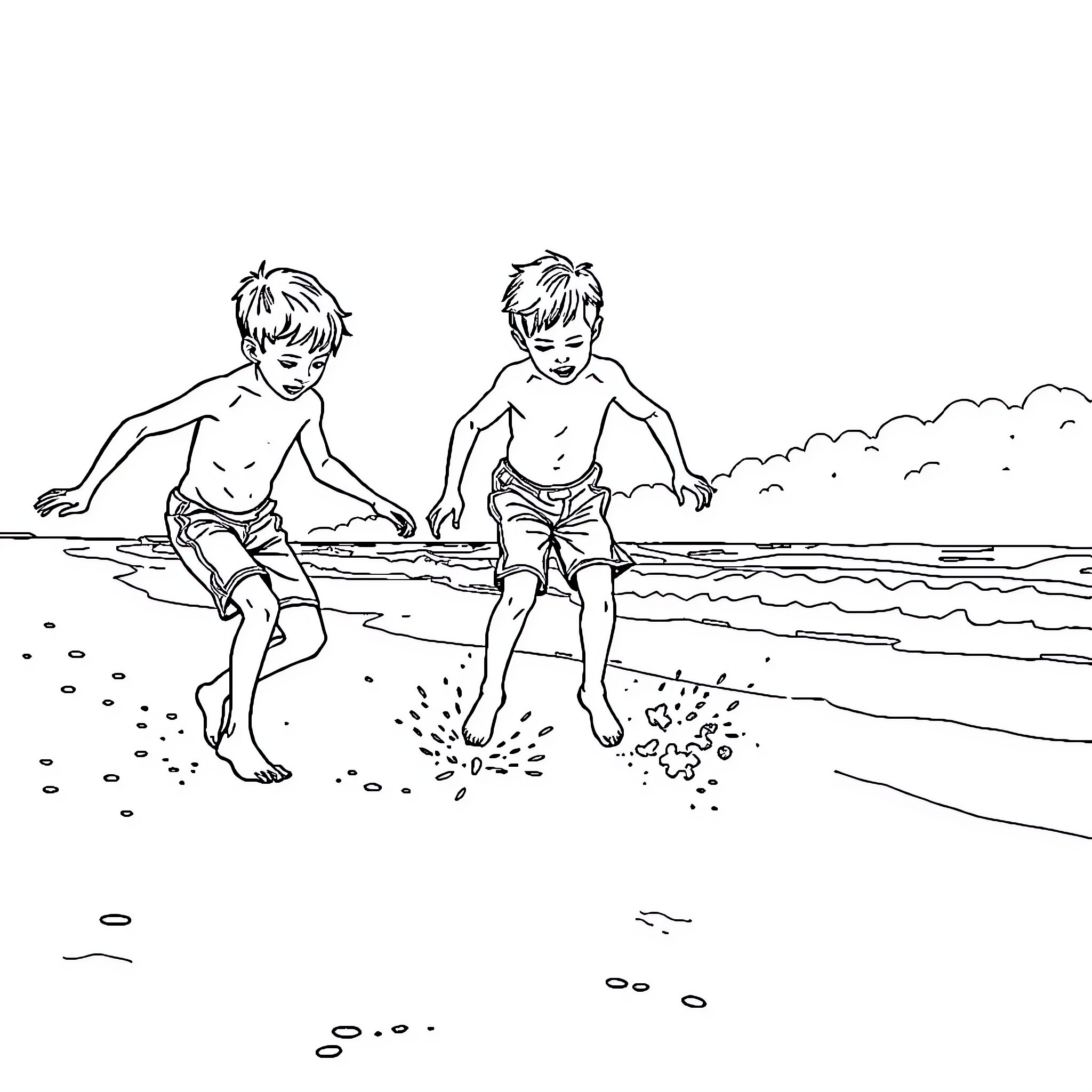 Boys playing joyfully on the beach Coloring Page (free black-and-white line drawing printable PDF for all, from beginners to advanced learners, including children, teens, adults, and seniors)