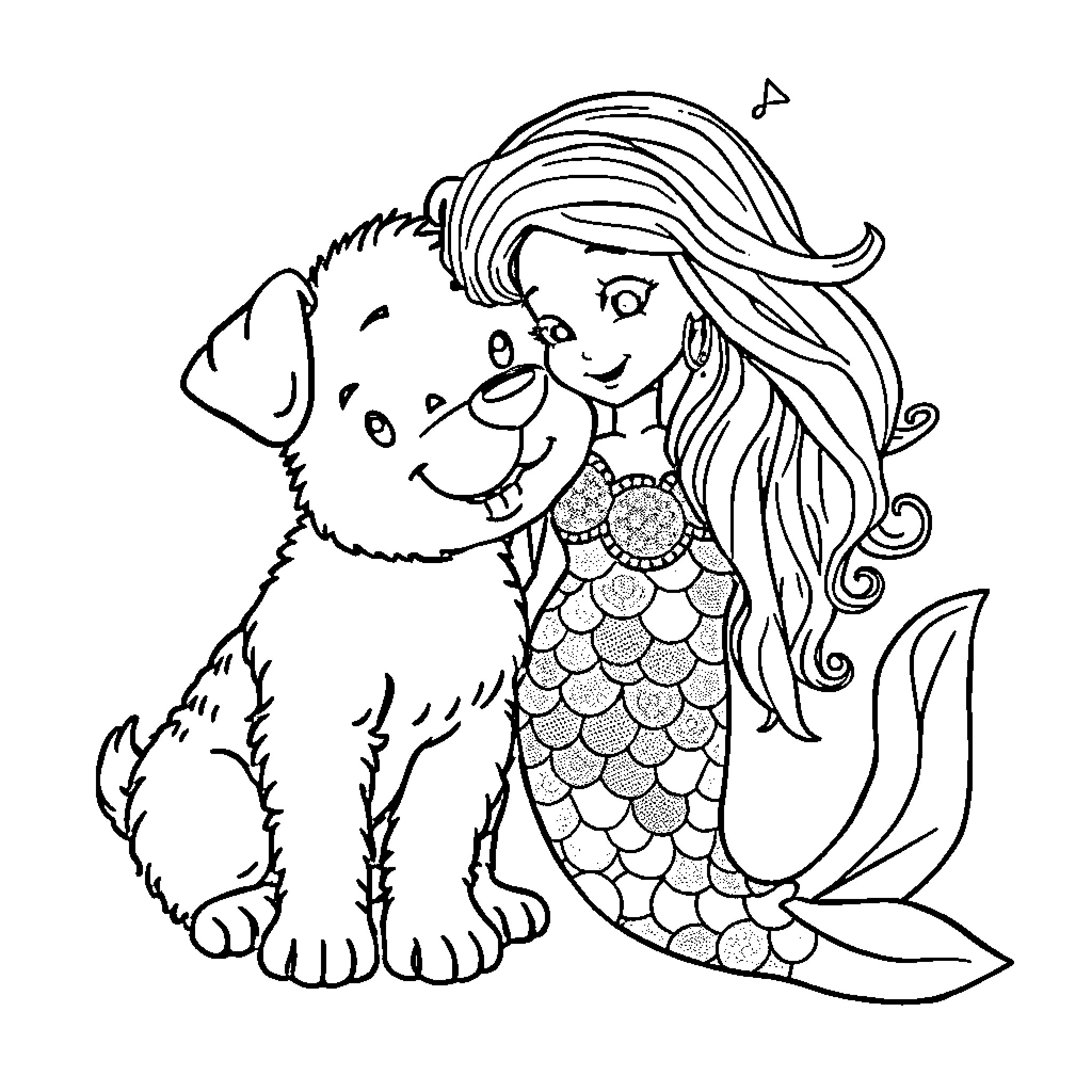 Puppy and Mermaid Playing Together Coloring Page (free black-and-white line drawing printable PDF for all, from beginners to advanced learners, including children, teens, adults, and seniors)