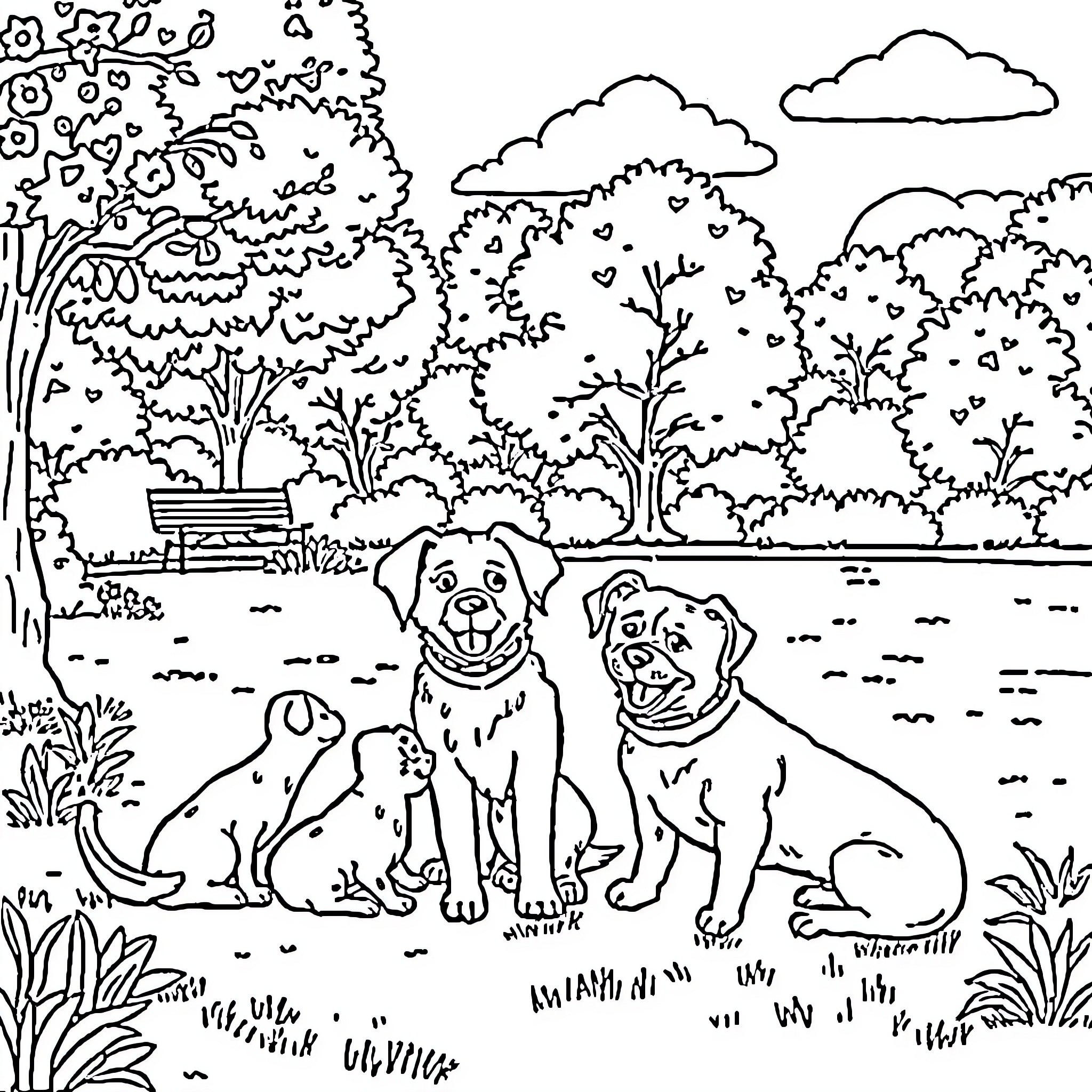 Pet dogs playing in the park Coloring Page (free black-and-white line drawing printable PDF for all, from beginners to advanced learners, including children, teens, adults, and seniors)