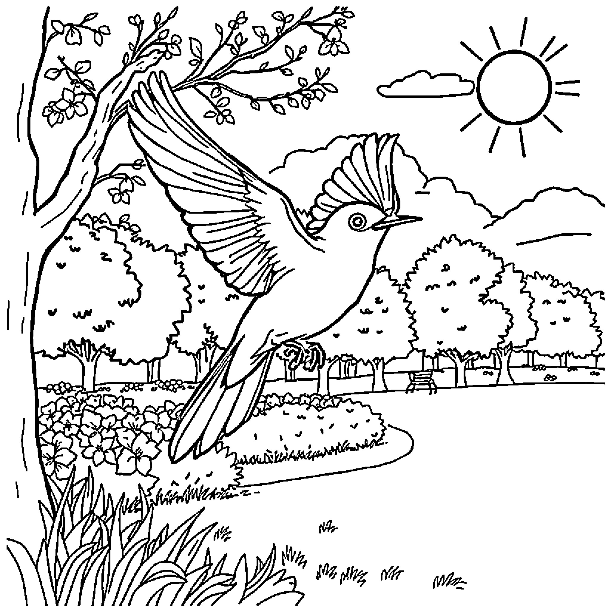 Blue Bird in Blooming Spring Garden Coloring Page (free black-and-white line drawing printable PDF for all, from beginners to advanced learners, including children, teens, adults, and seniors)