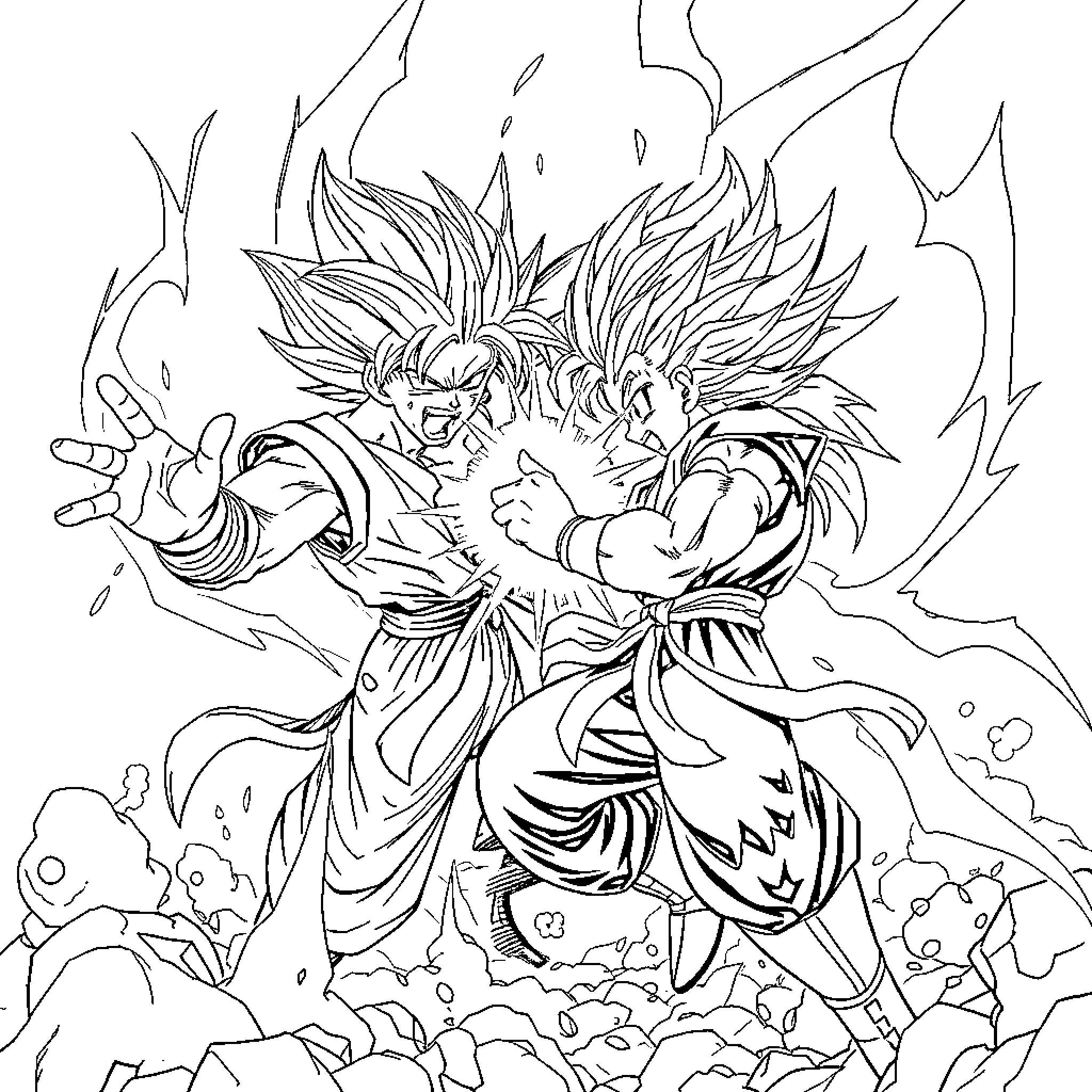 Goku and Vegeta's Fierce Battle Coloring Page (free black-and-white line drawing printable PDF for all, from beginners to advanced learners, including children, teens, adults, and seniors)