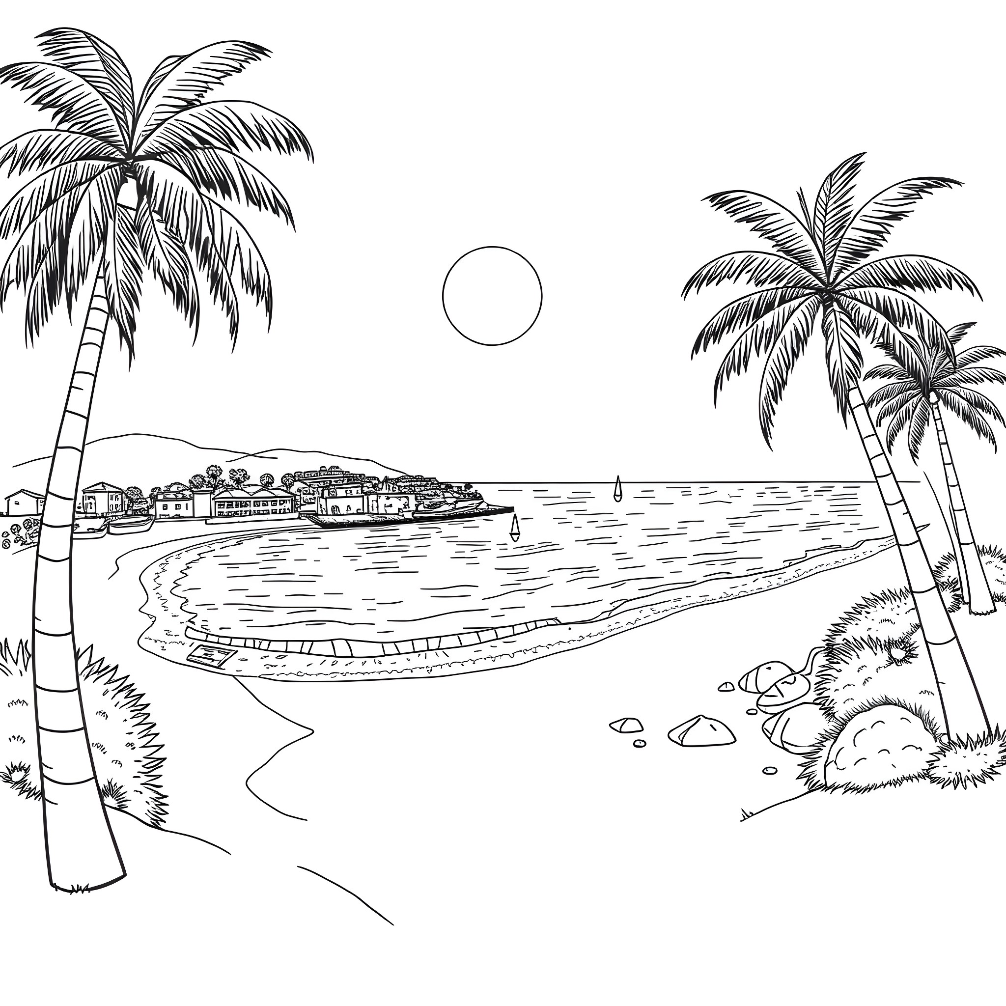 St George in Tropical Seaside Town Coloring Page (free black-and-white line drawing printable PDF for all, from beginners to advanced learners, including children, teens, adults, and seniors)