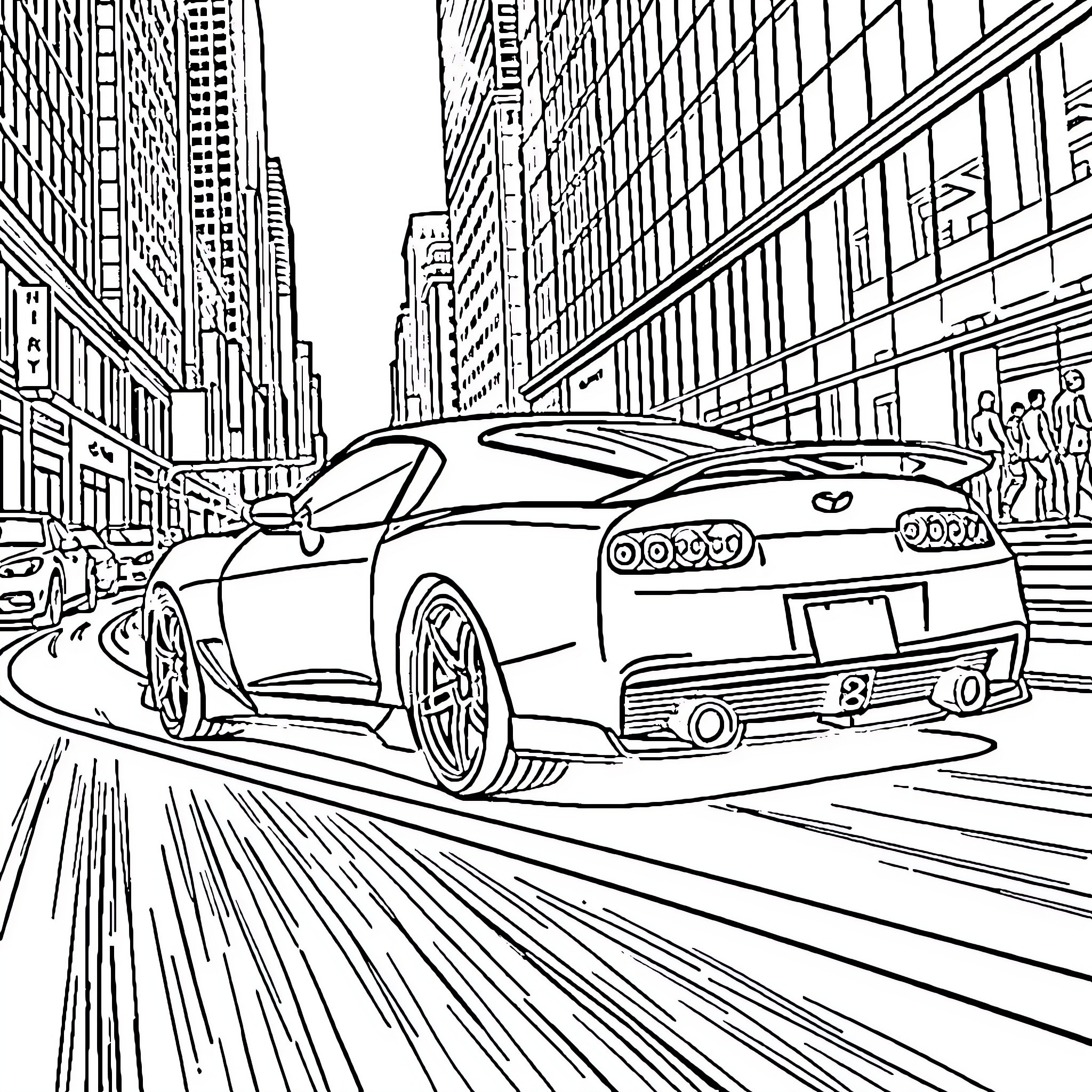 Supra sports car speeding through city streets Coloring Page (free black-and-white line drawing printable PDF for all, from beginners to advanced learners, including children, teens, adults, and seniors)