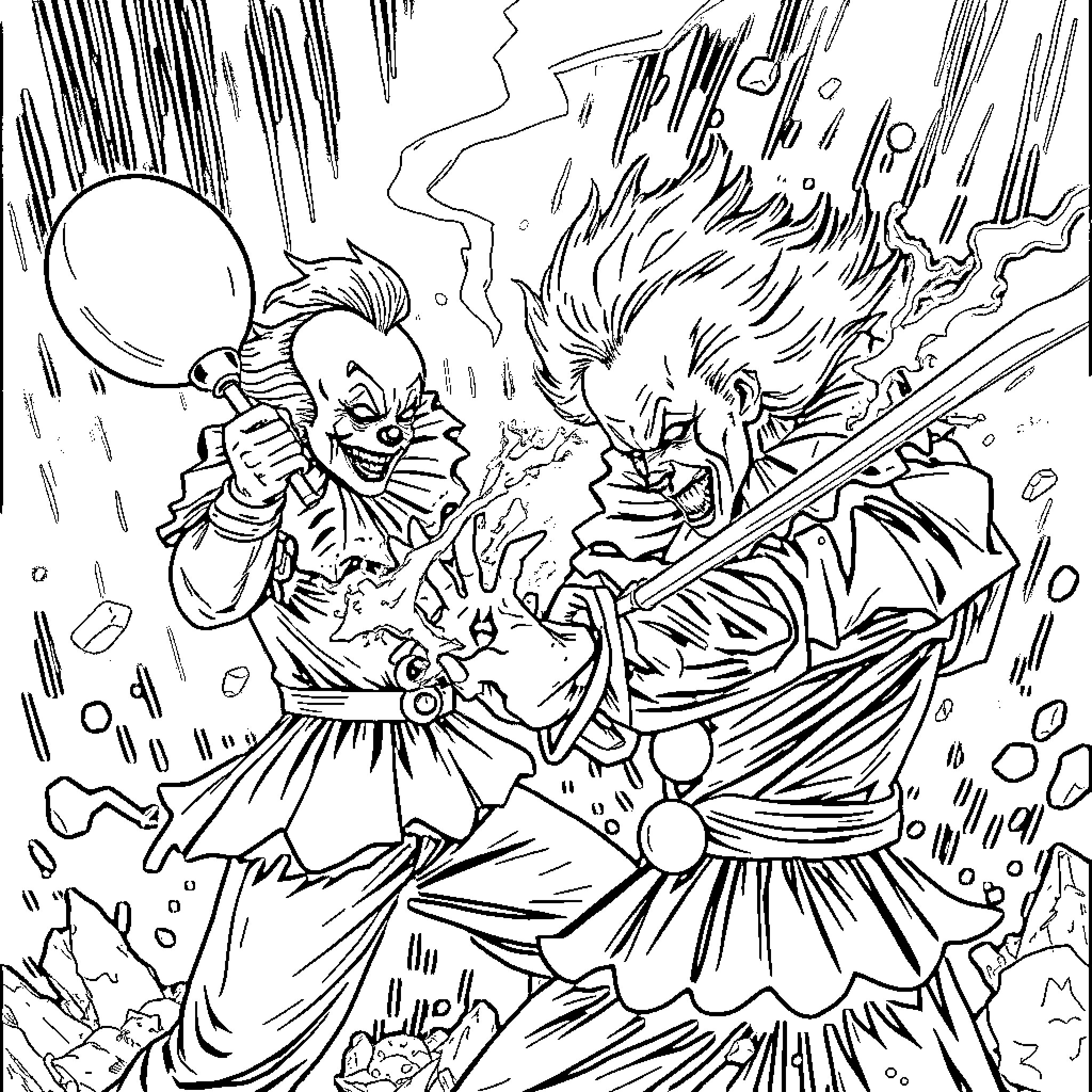 Pennywise's Terrifying Encounter with an Unsuspecting Victim Coloring Page (free black-and-white line drawing printable PDF for all, from beginners to advanced learners, including children, teens, adults, and seniors)