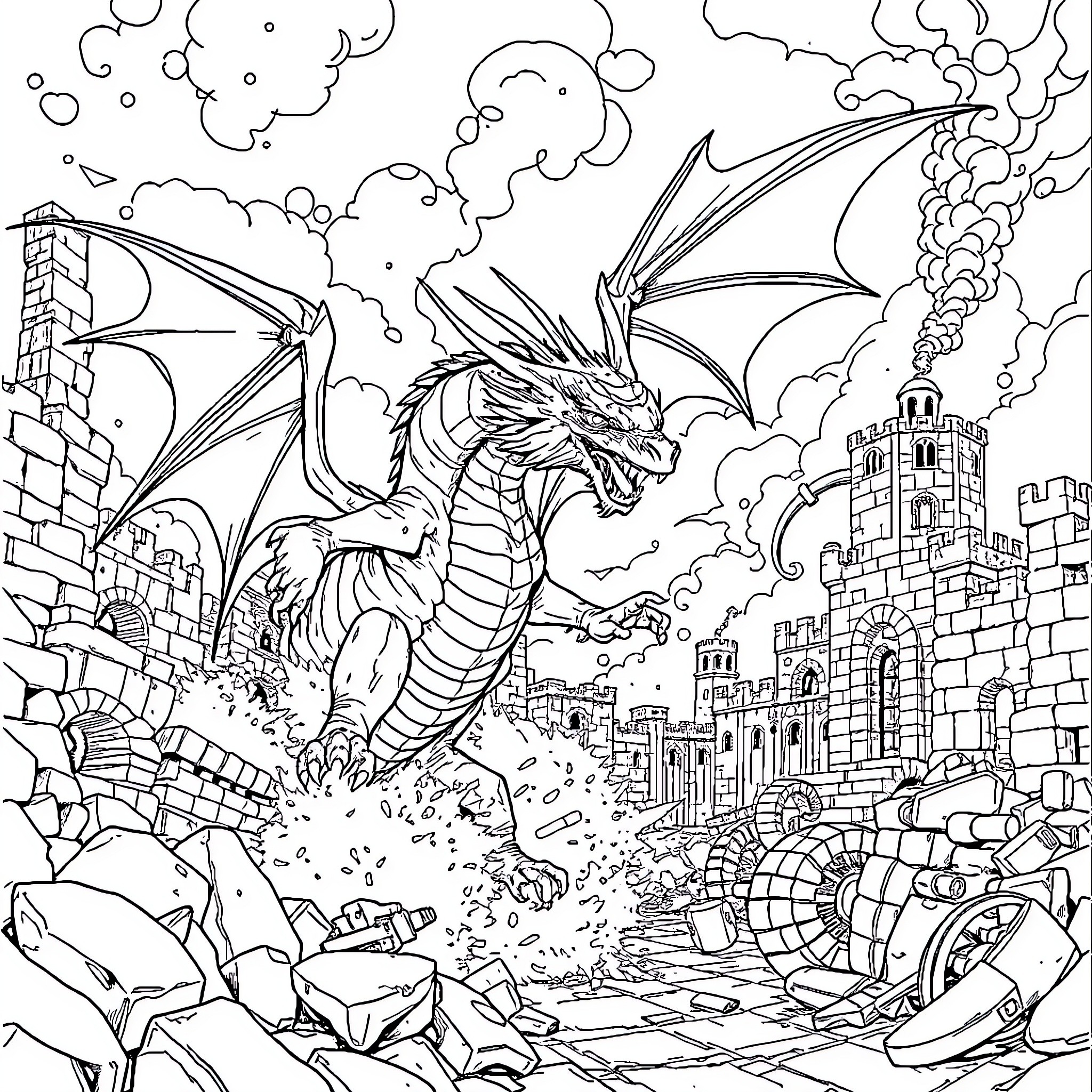 Dragon rampaging through a medieval city Coloring Page (free black-and-white line drawing printable PDF for all, from beginners to advanced learners, including children, teens, adults, and seniors)