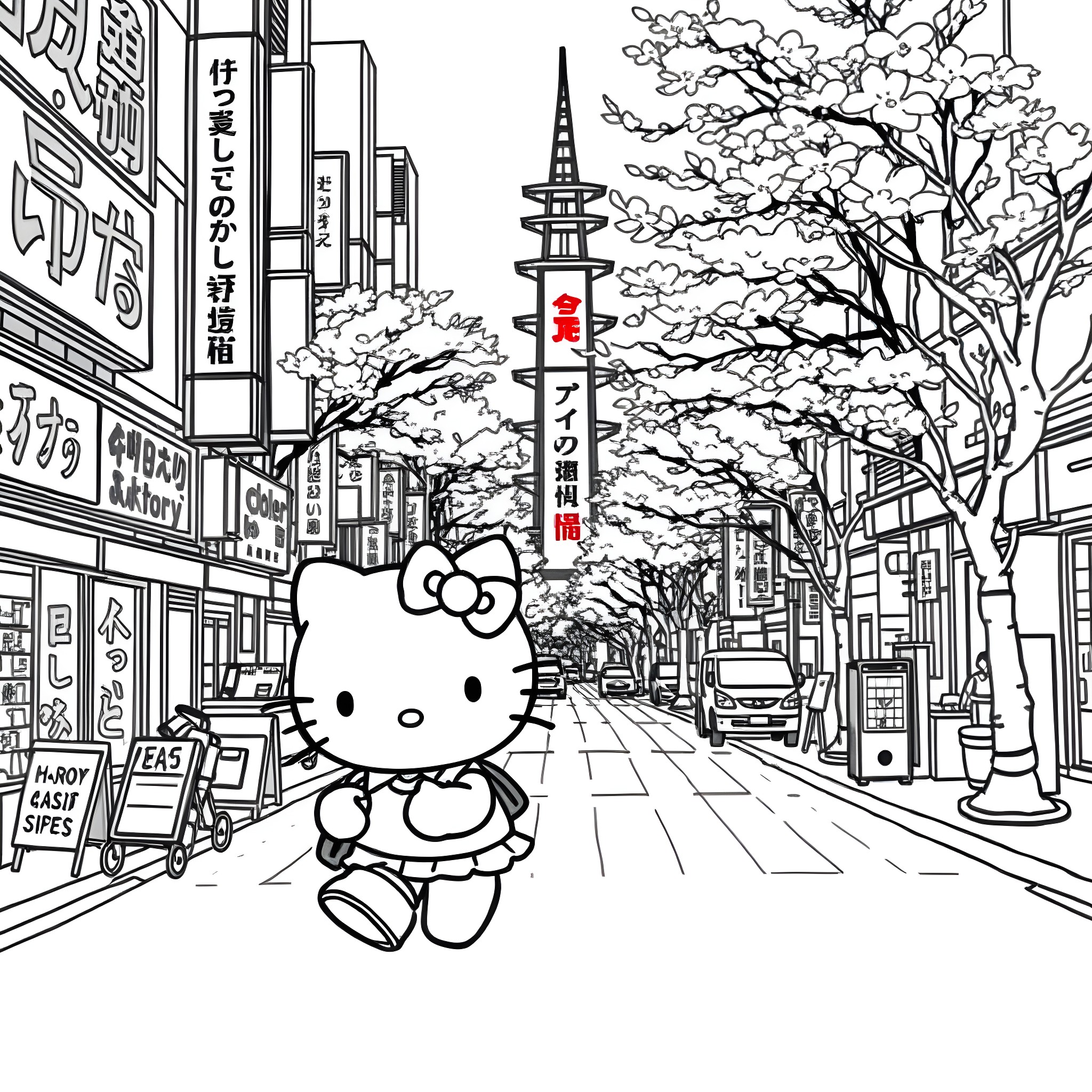 Hello Kitty explores Japanese cityscape Coloring Page (free black-and-white line drawing printable PDF for all, from beginners to advanced learners, including children, teens, adults, and seniors)