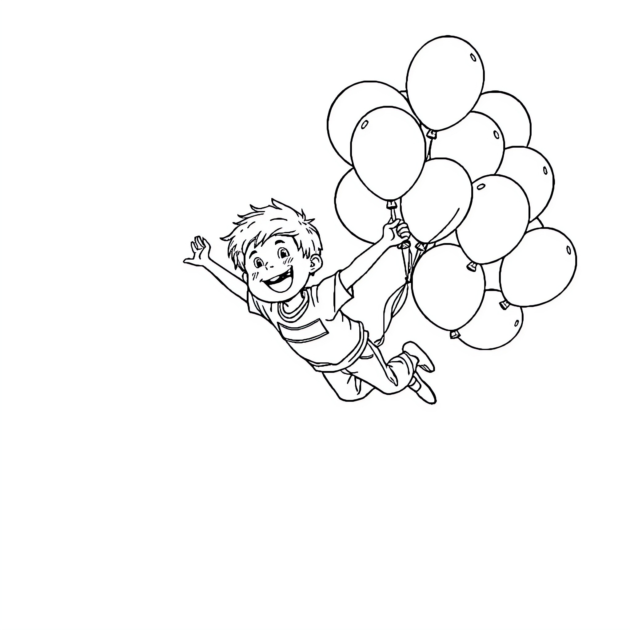 Boy joyfully floating with balloons Coloring Page (free black-and-white line drawing printable PDF for all, from beginners to advanced learners, including children, teens, adults, and seniors)