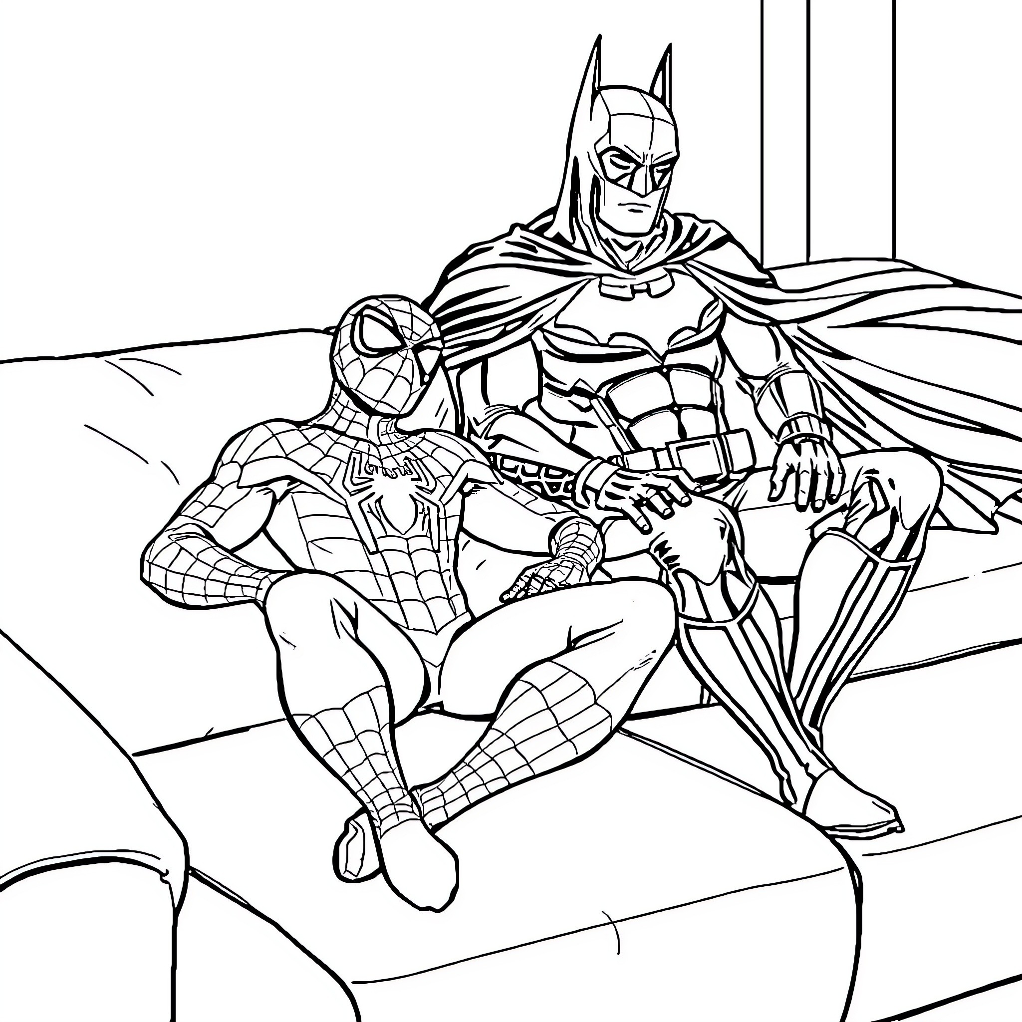 Spiderman and Batman team up for action-packed adventure Coloring Page (free black-and-white line drawing printable PDF for all, from beginners to advanced learners, including children, teens, adults, and seniors)