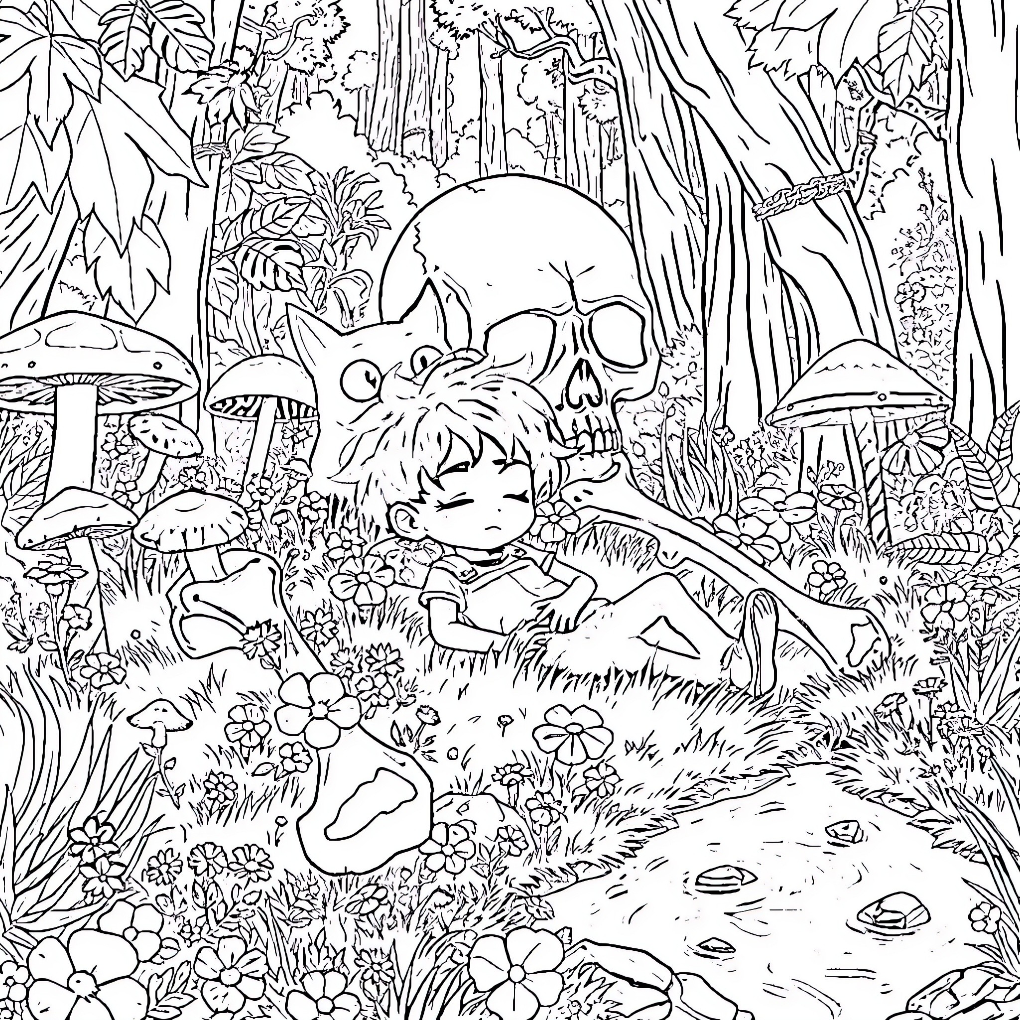 Boy exploring mysterious forest with enchanted elements Coloring Page (free black-and-white line drawing printable PDF for all, from beginners to advanced learners, including children, teens, adults, and seniors)