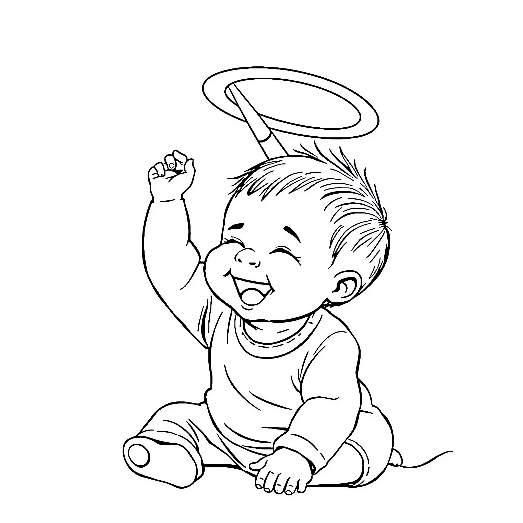 Baby playing happily with halo Coloring Page (free black-and-white line drawing printable PDF for all, from beginners to advanced learners, including children, teens, adults, and seniors)
