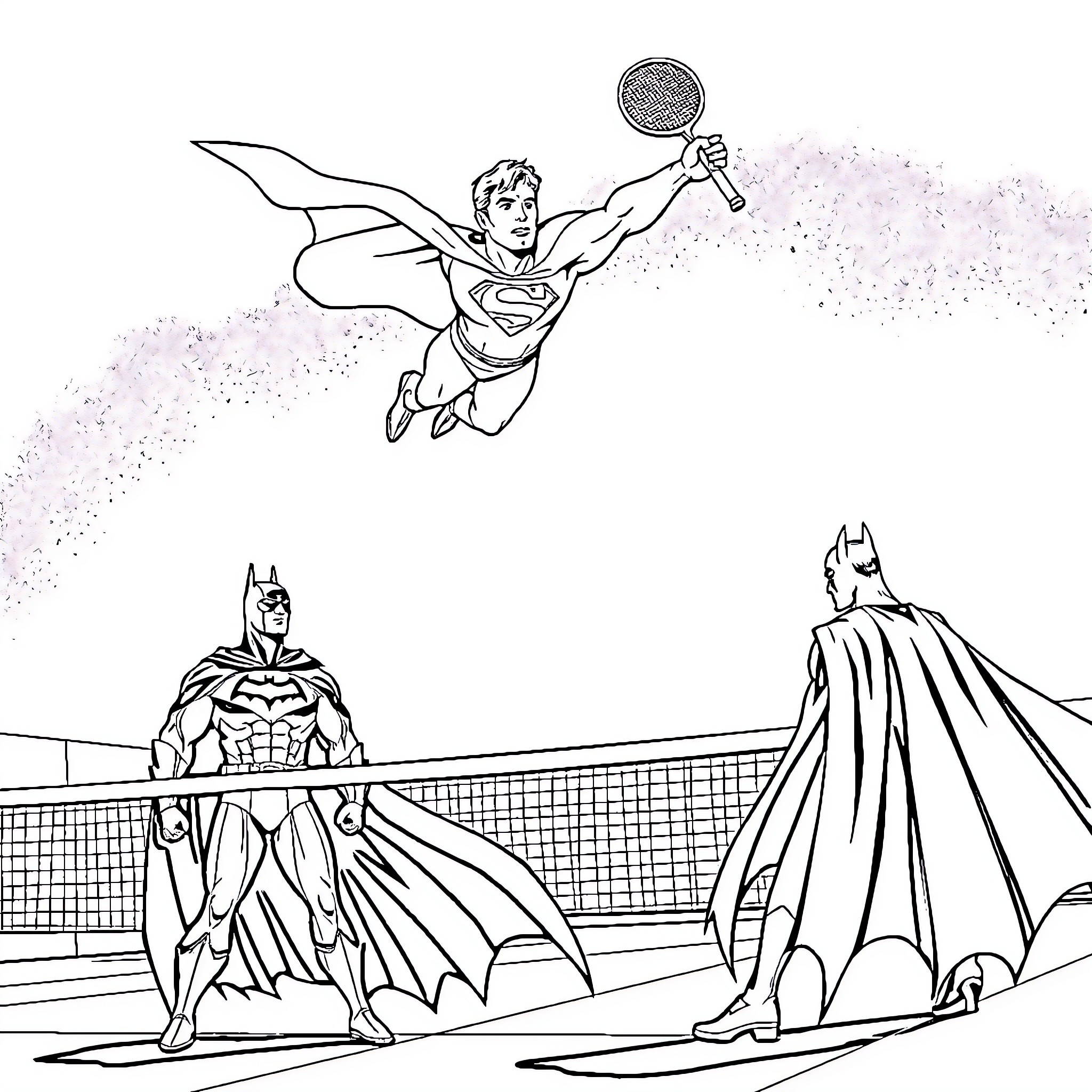 Superman engaging in heroic action with Batman Coloring Page (free black-and-white line drawing printable PDF for all, from beginners to advanced learners, including children, teens, adults, and seniors)
