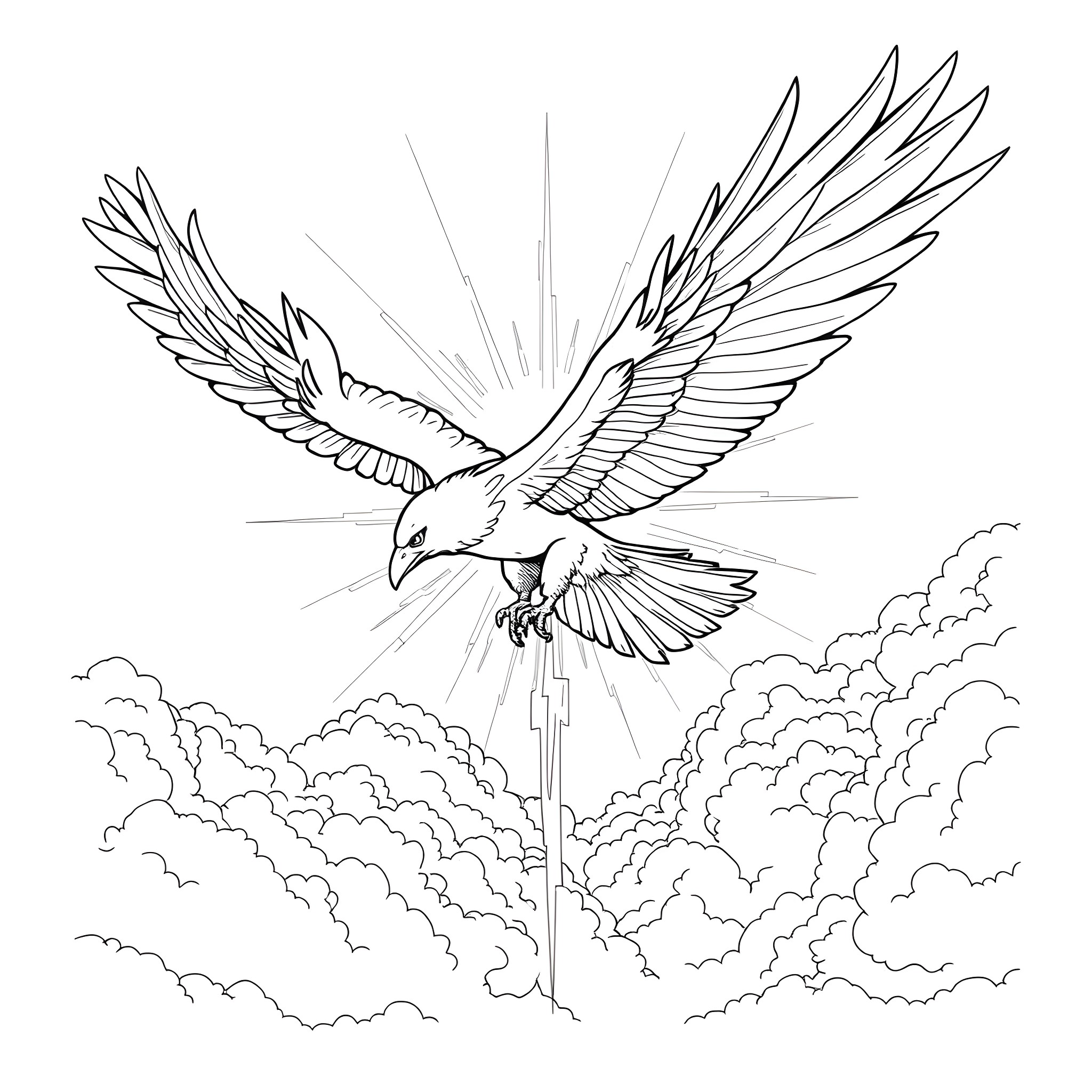 Thunderbird soaring through the cloudy skies Coloring Page (free black-and-white line drawing printable PDF for all, from beginners to advanced learners, including children, teens, adults, and seniors)