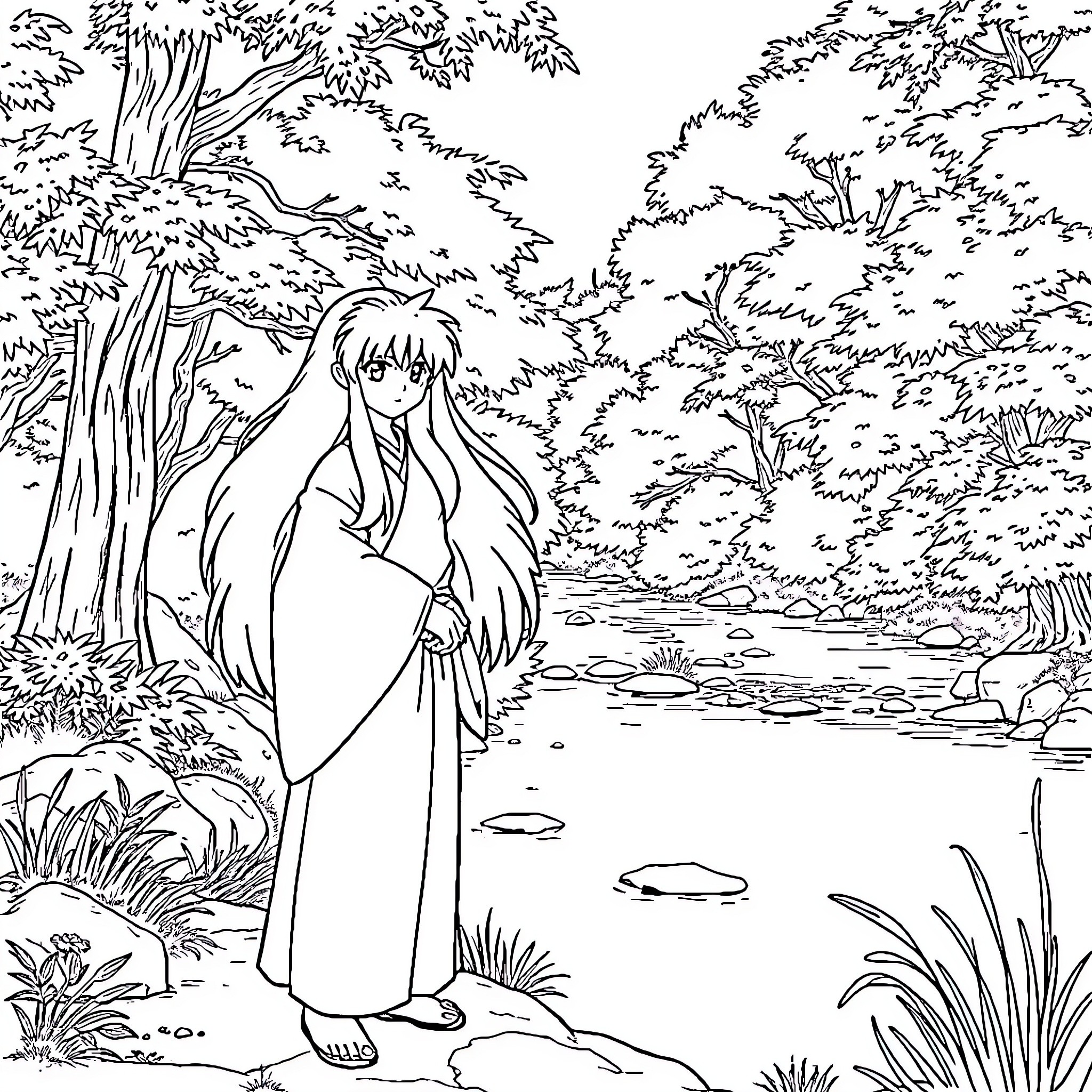 Inuyasha in a serene forest landscape Coloring Page (free black-and-white line drawing printable PDF for all, from beginners to advanced learners, including children, teens, adults, and seniors)