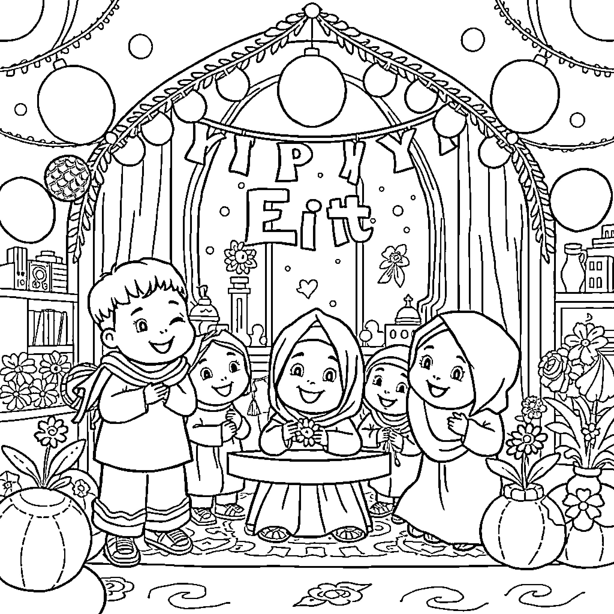 Eid celebration with happy family and decorations Coloring Page (free black-and-white line drawing printable PDF for all, from beginners to advanced learners, including children, teens, adults, and seniors)