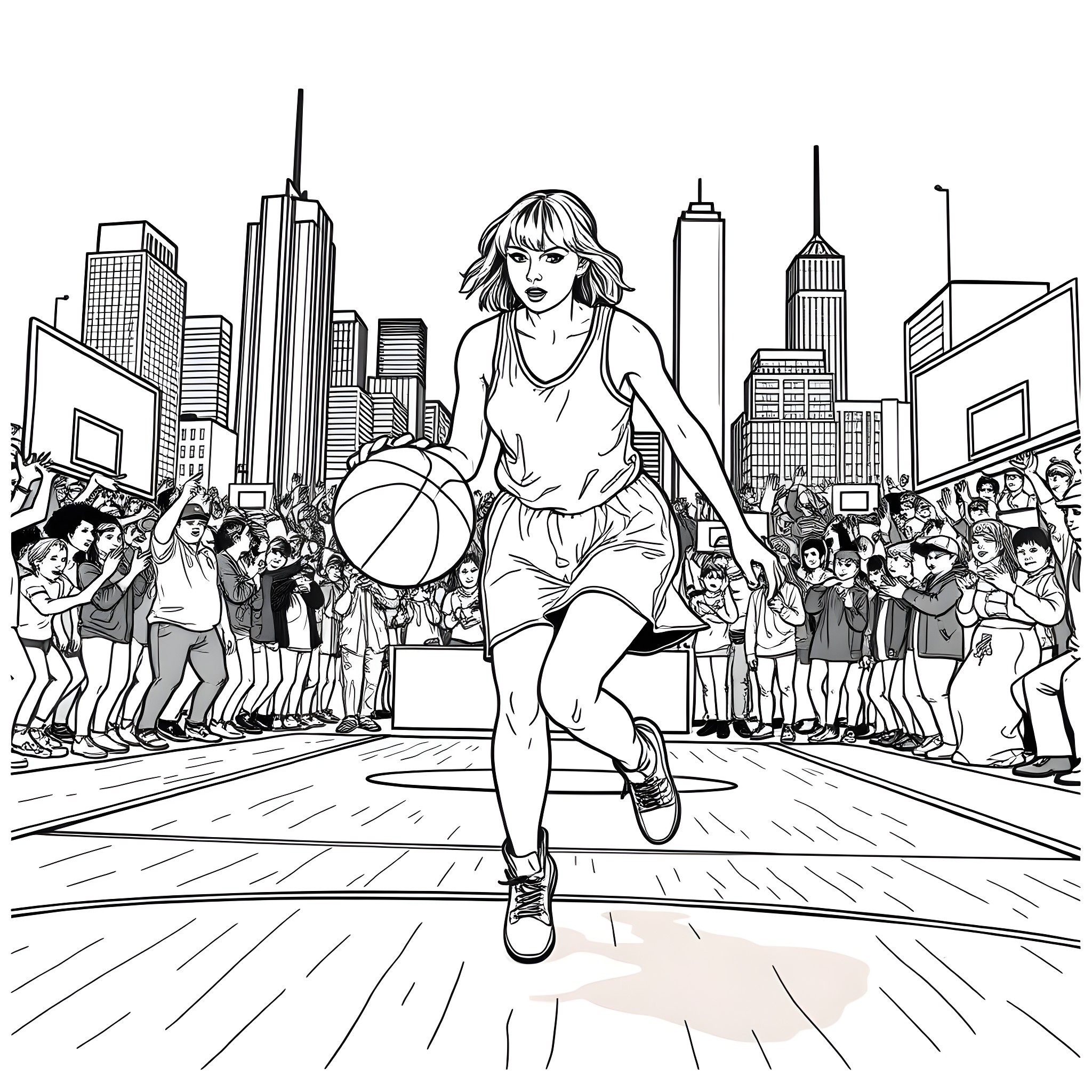 Taylor Swift Dribbles Basketball on City Court Coloring Page (free black-and-white line drawing printable PDF for all, from beginners to advanced learners, including children, teens, adults, and seniors)