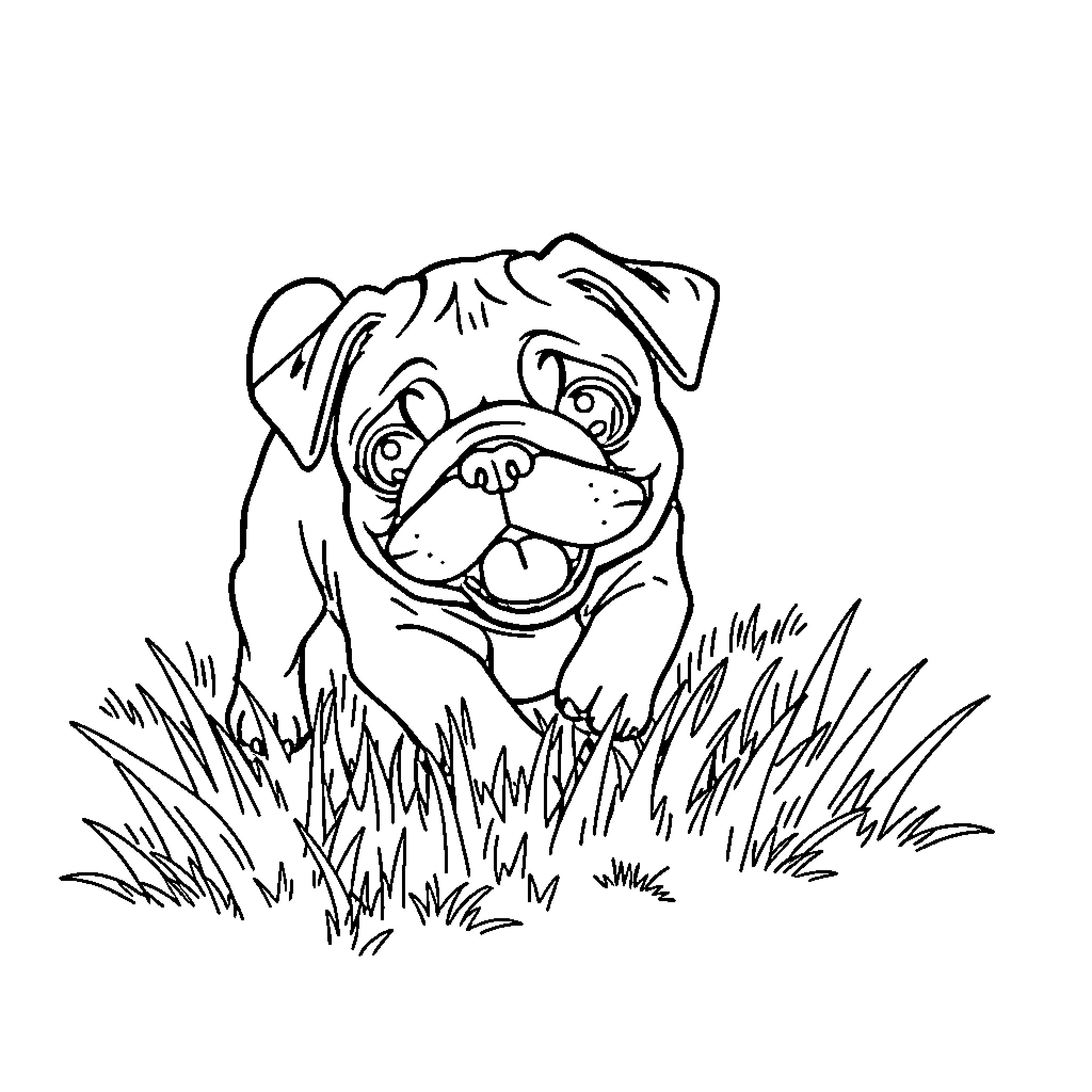 Pug playing enthusiastically in the grass Coloring Page (free black-and-white line drawing printable PDF for all, from beginners to advanced learners, including children, teens, adults, and seniors)