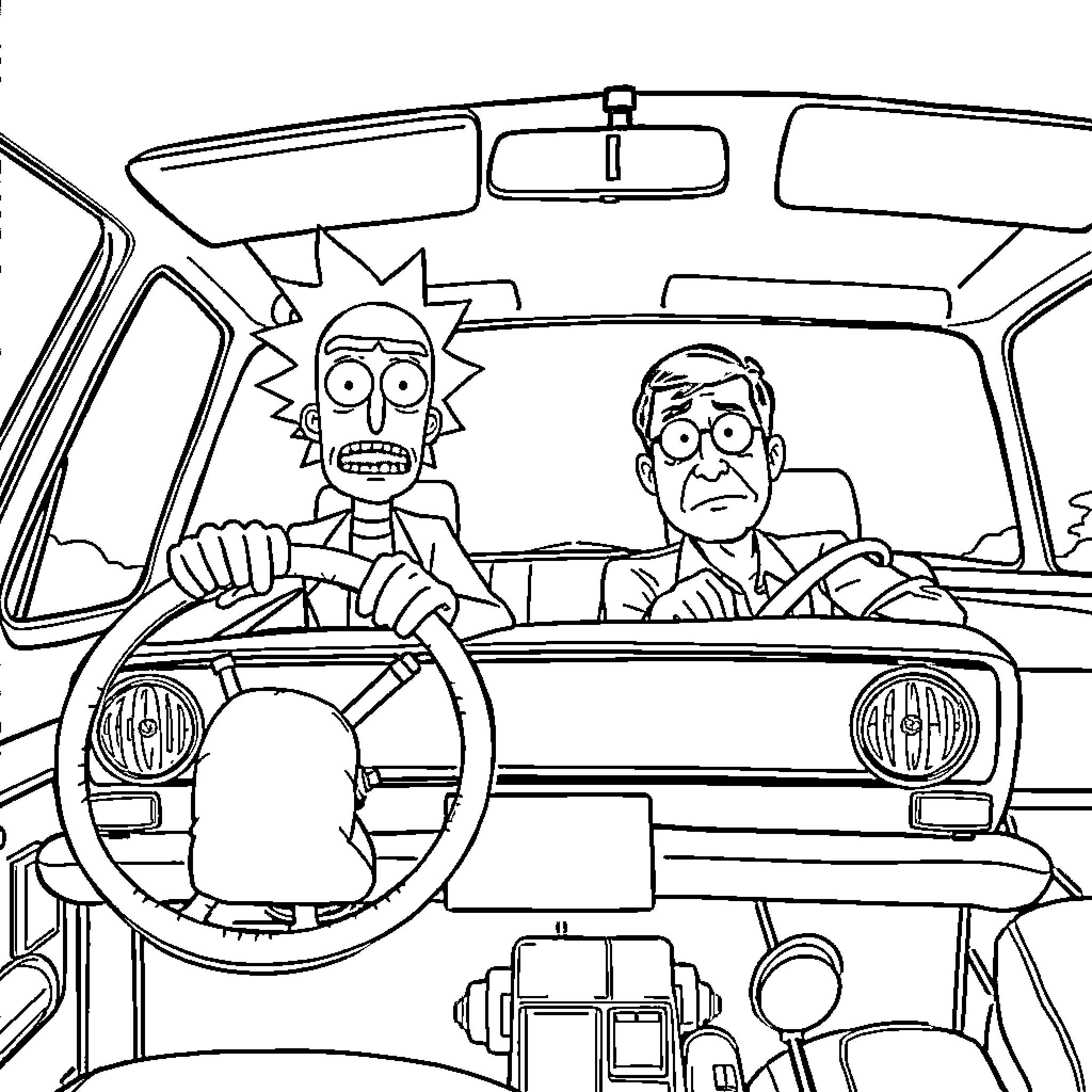 Rick and Morty driving in a car Coloring Page (free black-and-white line drawing printable PDF for all, from beginners to advanced learners, including children, teens, adults, and seniors)