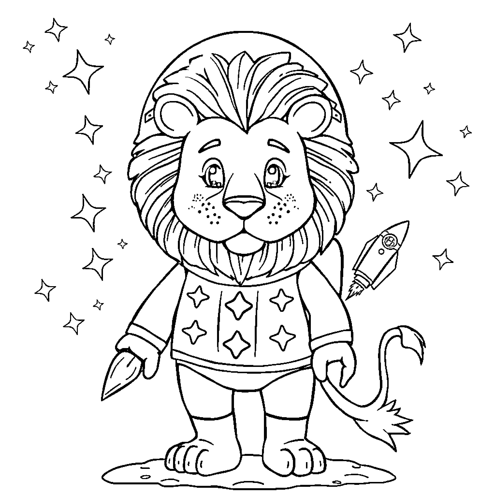 Lion in Whimsical Costume with Stars Coloring Page (free black-and-white line drawing printable PDF for all, from beginners to advanced learners, including children, teens, adults, and seniors)