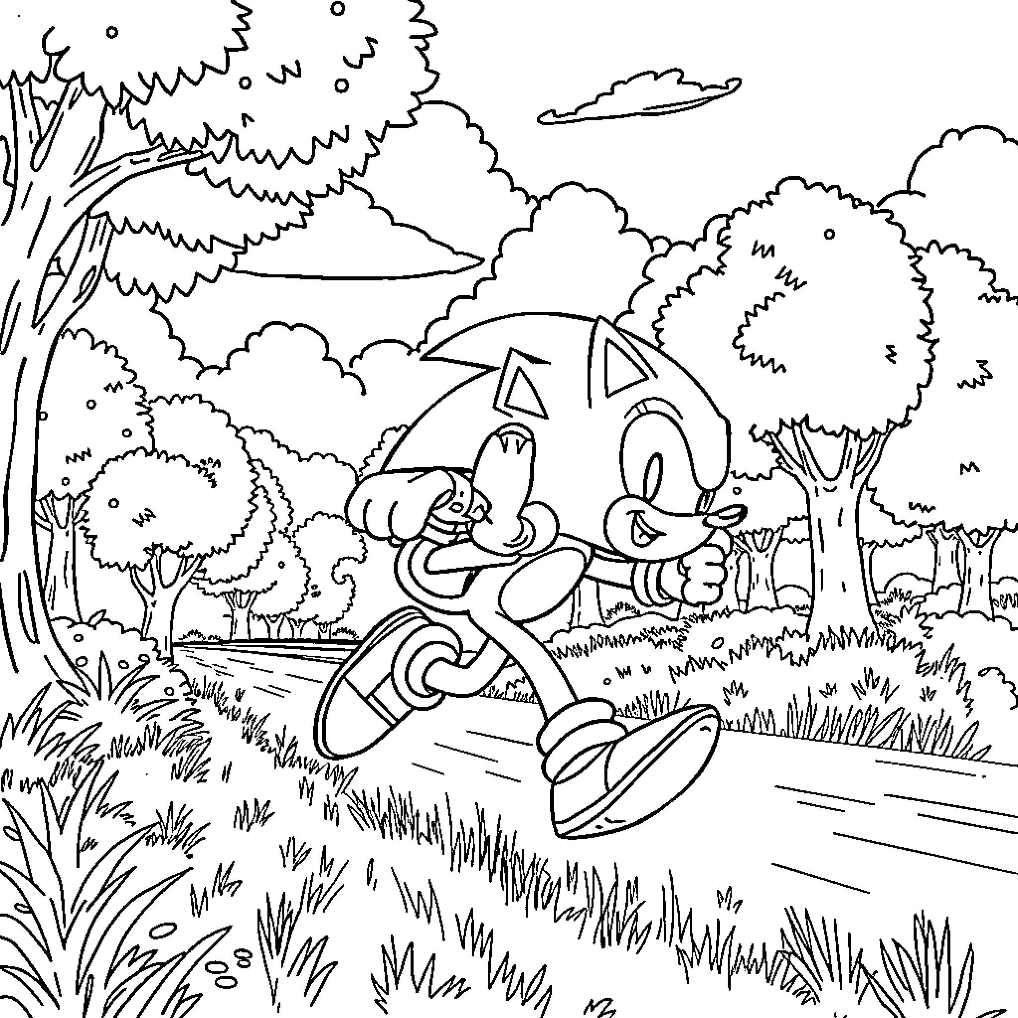 Sonic exploring the lush forest landscape Coloring Page (free black-and-white line drawing printable PDF for all, from beginners to advanced learners, including children, teens, adults, and seniors)