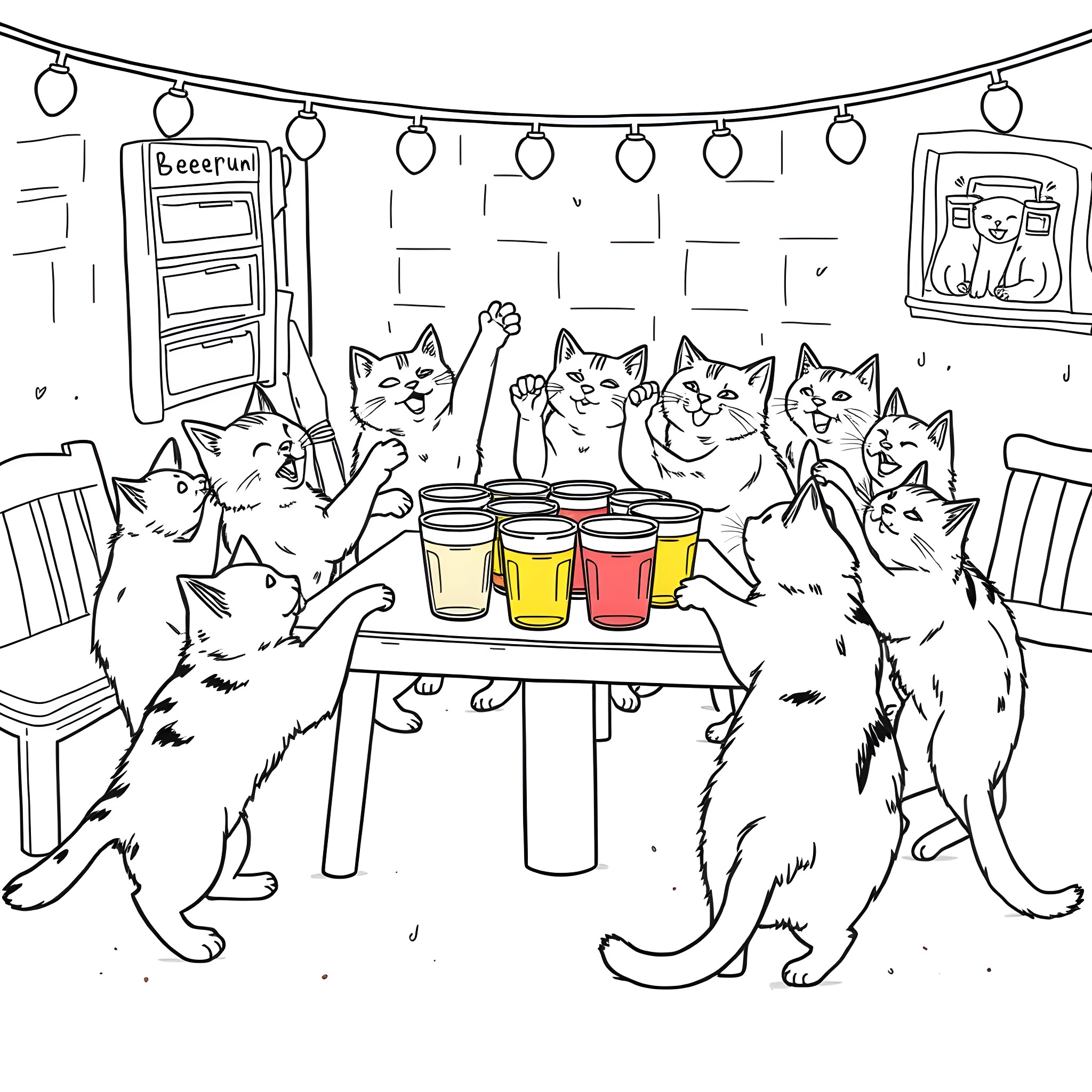 Cat Party with Colorful Drinks Coloring Page (free black-and-white line drawing printable PDF for all, from beginners to advanced learners, including children, teens, adults, and seniors)